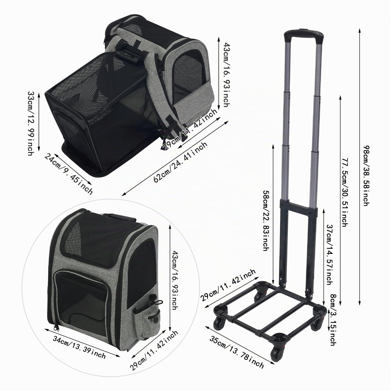 Mochila para perros con trolley, 2 en 1, ampliable, caja de transporte para perros con ruedas, mochila grande para gatos de hasta 15 kg, portátil y transpirable, caja de transporte para perros y gatos