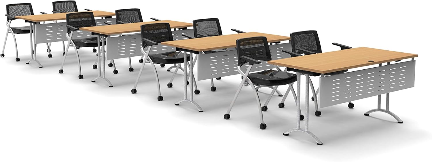 8 Person Tables Training Meeting Seminar Classroom Model 7399 16pc Color Beech Folding Table + Task Chairs + Modesty Panels. Tables Connect Together. Fold + Nest for Compact Storage.
