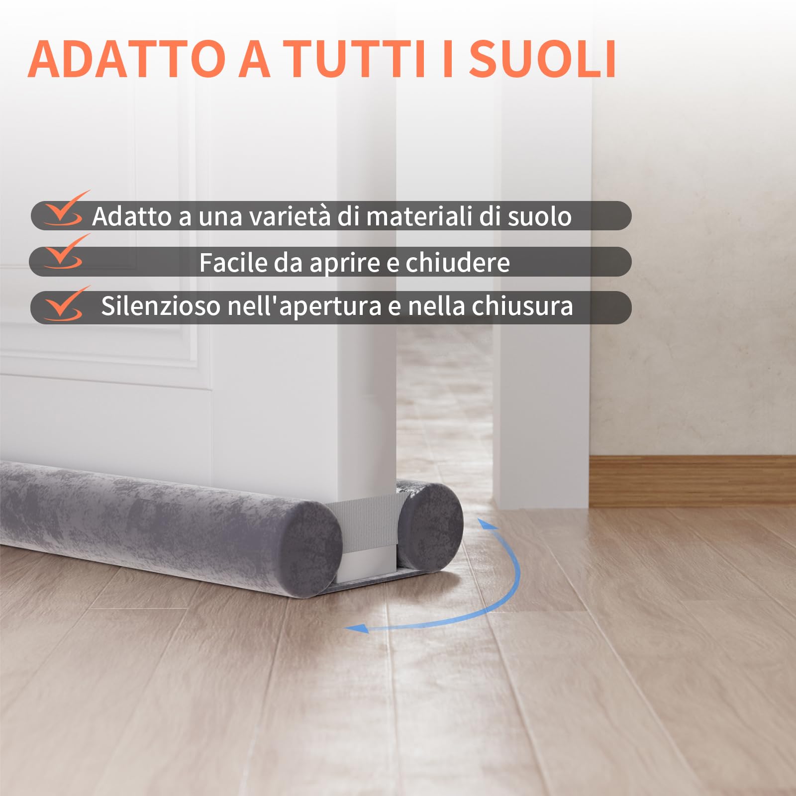 BKSAI Paraspifferi per Porte Guarnizione Inferiore Porte Senza Colla | Paraspifferi Doppia Guarnizione Isolante Termico Insonorizzato Antivento, Paraspifferi Sottoporta per Porte 80-100 cm Grigio