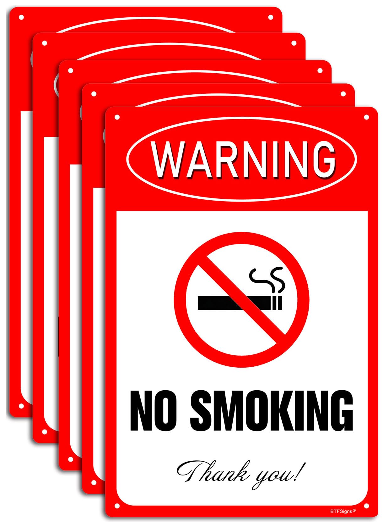 (5 pack) No Smoking Thank You Sign, 8"x12" Rust Free Aluminum UV Printed Warning Signs Conspicuous Red