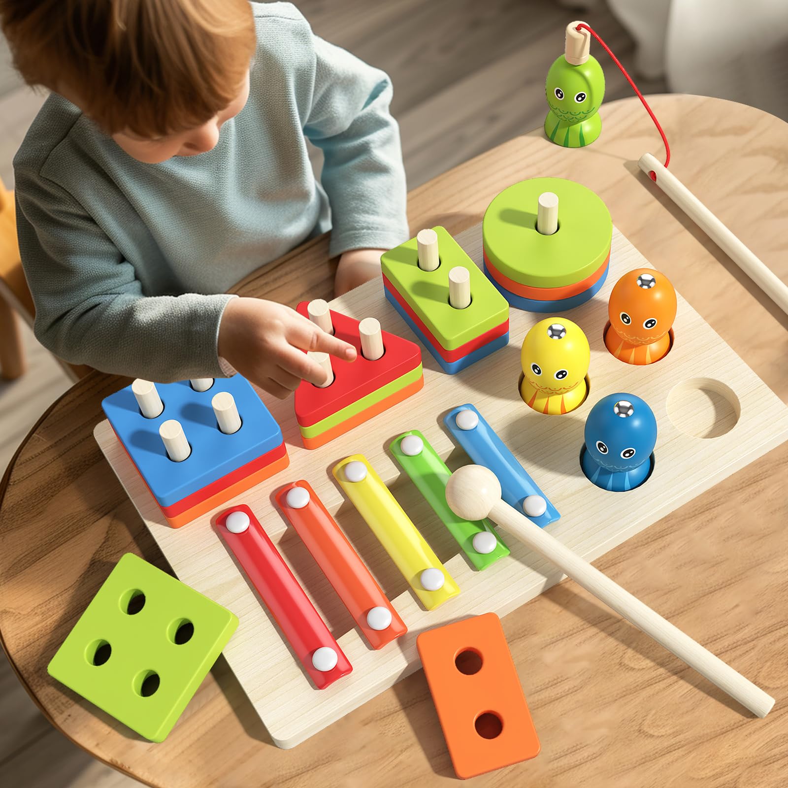 Montessori Zabawka, 3 W 1 Drewniane Kolor Kształtów Sortowanie Układanie Zabawek Magnetyczna Gra Wędkarska Ksylofon Zabawka Muzyczna Z Młotem, Edukacyjna Zabawka Zestaw Dla Dzieci Od 2 3 4 5 Lat