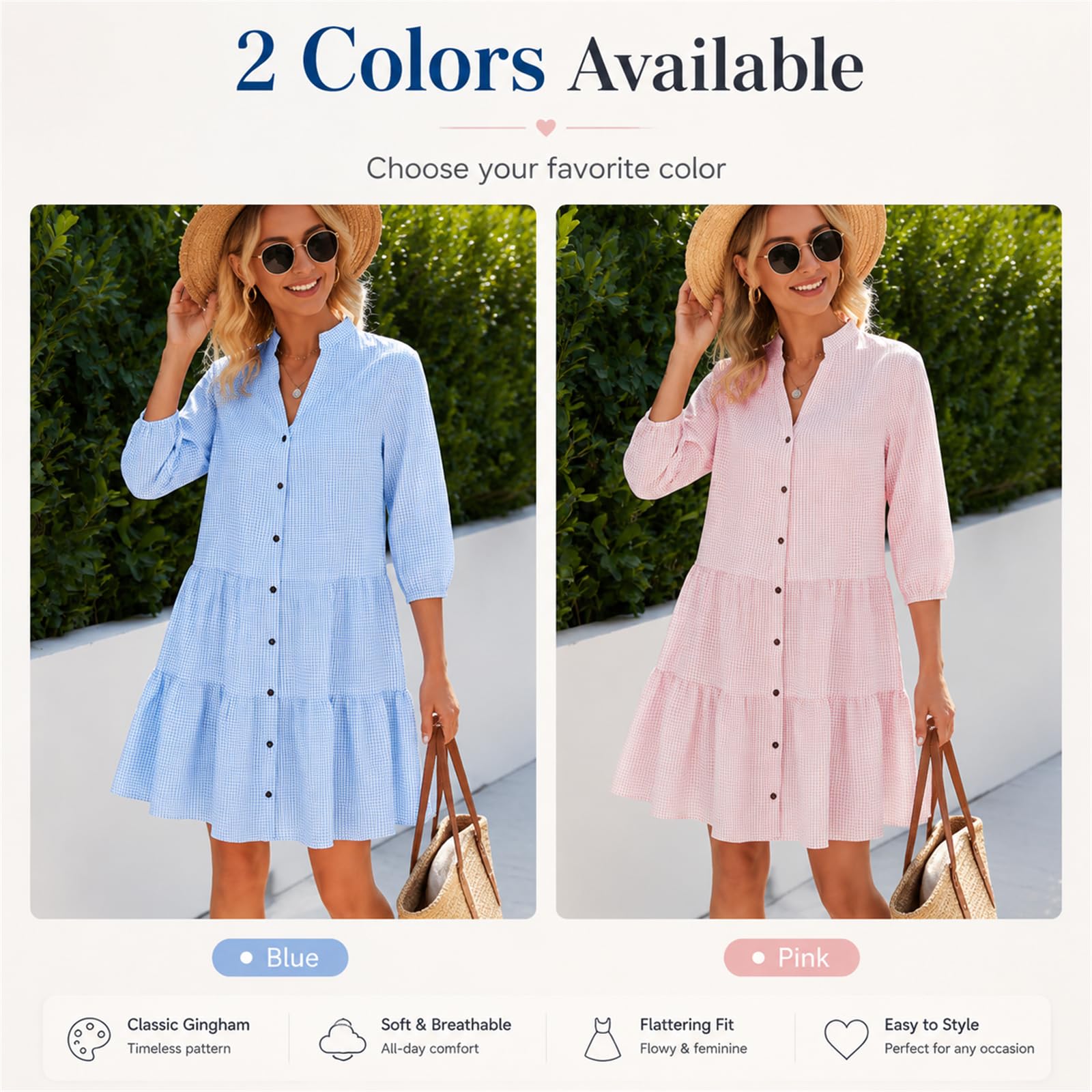 Abito Estivo Casual da Donna a Quadri Vichy, Modello a Trapezio a Balze con Maniche a 3/4 – Leggero e Ideale per Vacanze al Mare