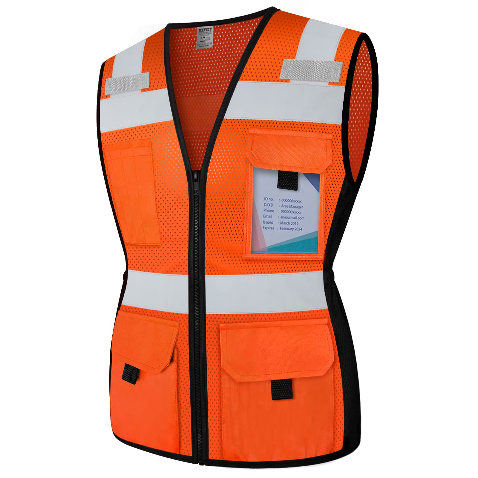 TCCFCCT Women High Visibility Vest 11 Pockets Snug-Fit Reflective Safety Vest with Reinforced Zipper, Neon Construction Work Vest for Lady Contractors/Surveyors/Workers, Durable,Meets ANSI, Orange L