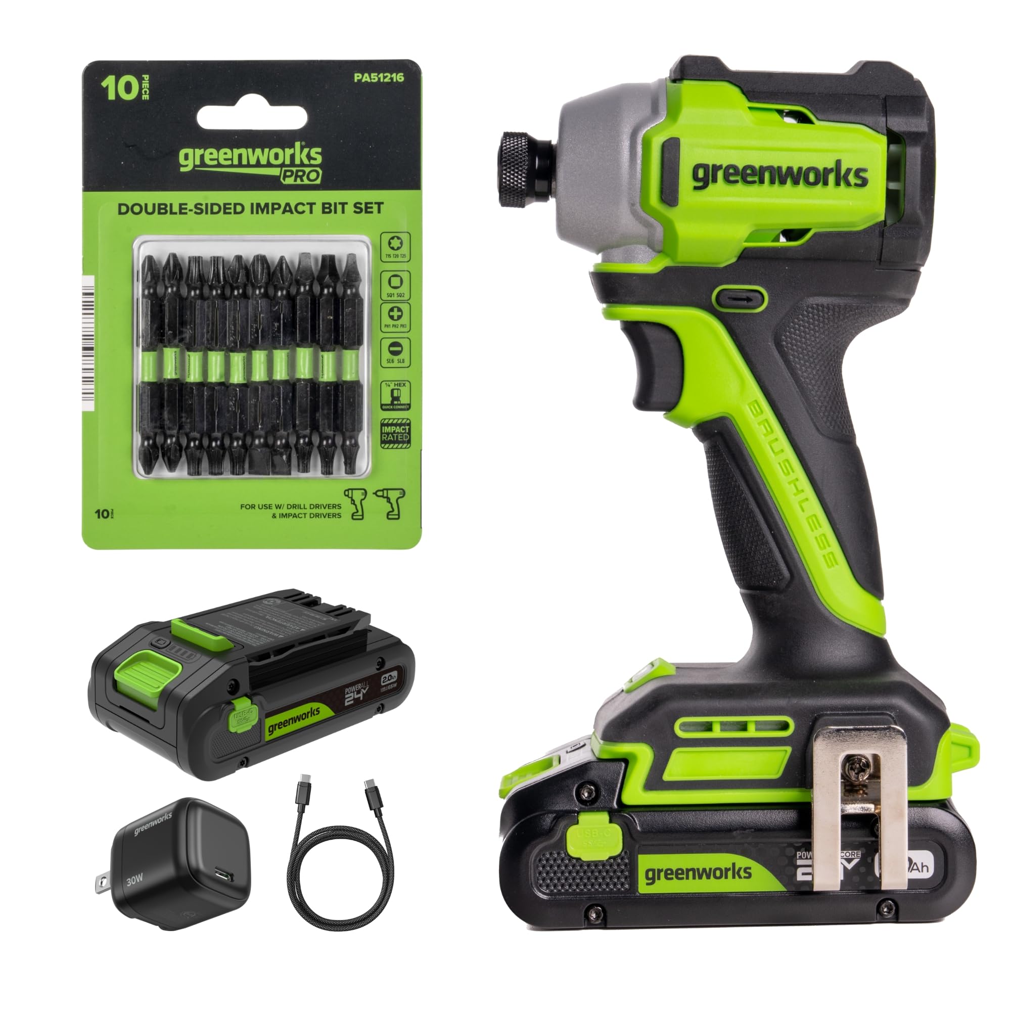 Greenworks 24V Brushless Cordless Impact Driver (1900 in-lbs.), 1/4" Hex Collet, 2.0Ah(12,000mAh Power Bank) USB-C Battery, 30W USB-C Charger &amp; 3FT Braided Cable, 10PC Double-Sided Impact Bit Set