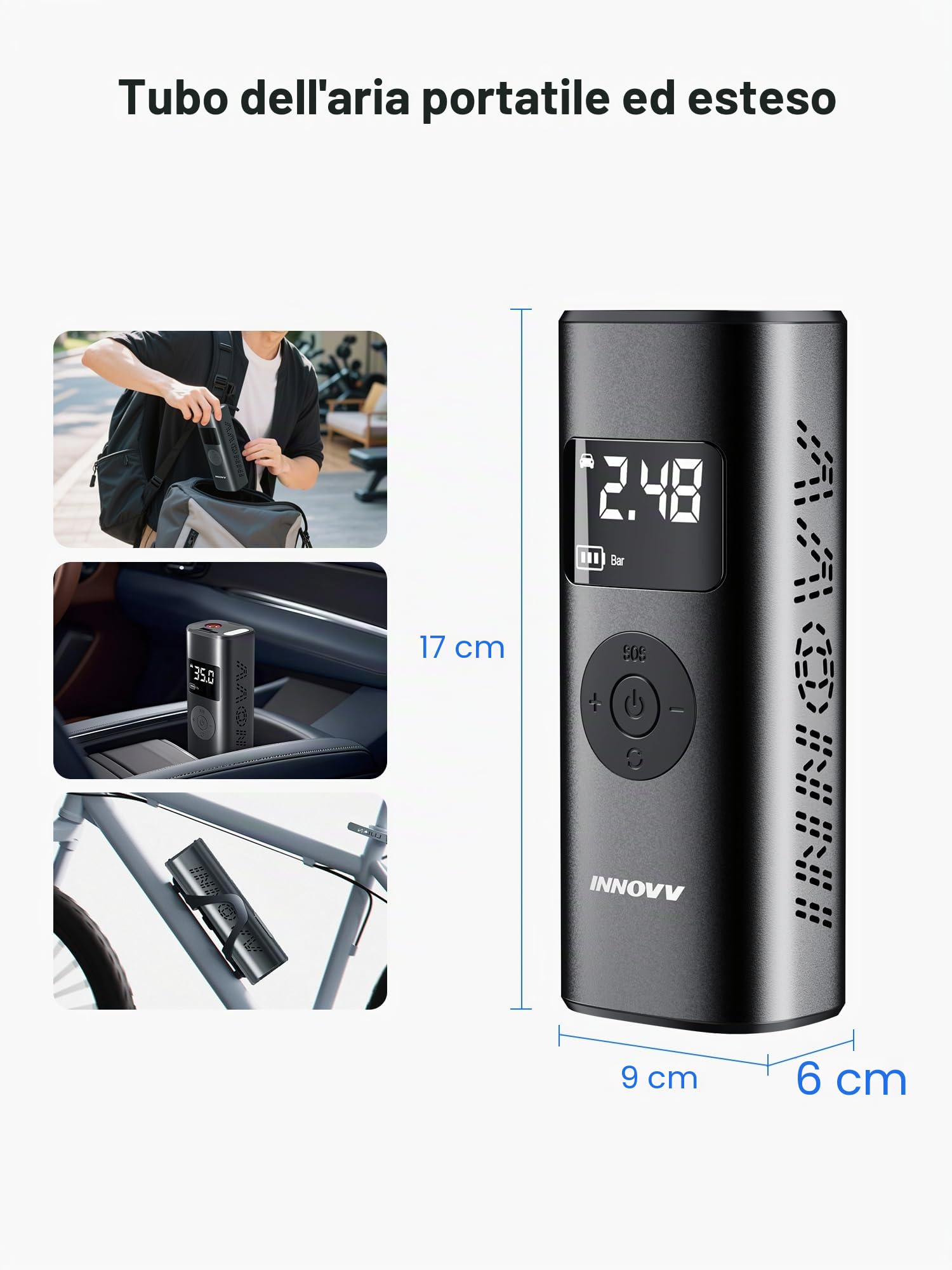 INNOVV Pompa ad aria elettrica P1, pompa elettrica portatile per bicicletta, con indicatore digitale della pressione dei pneumatici e illuminazione di emergenza, 150 PSI ricaricabile, per auto