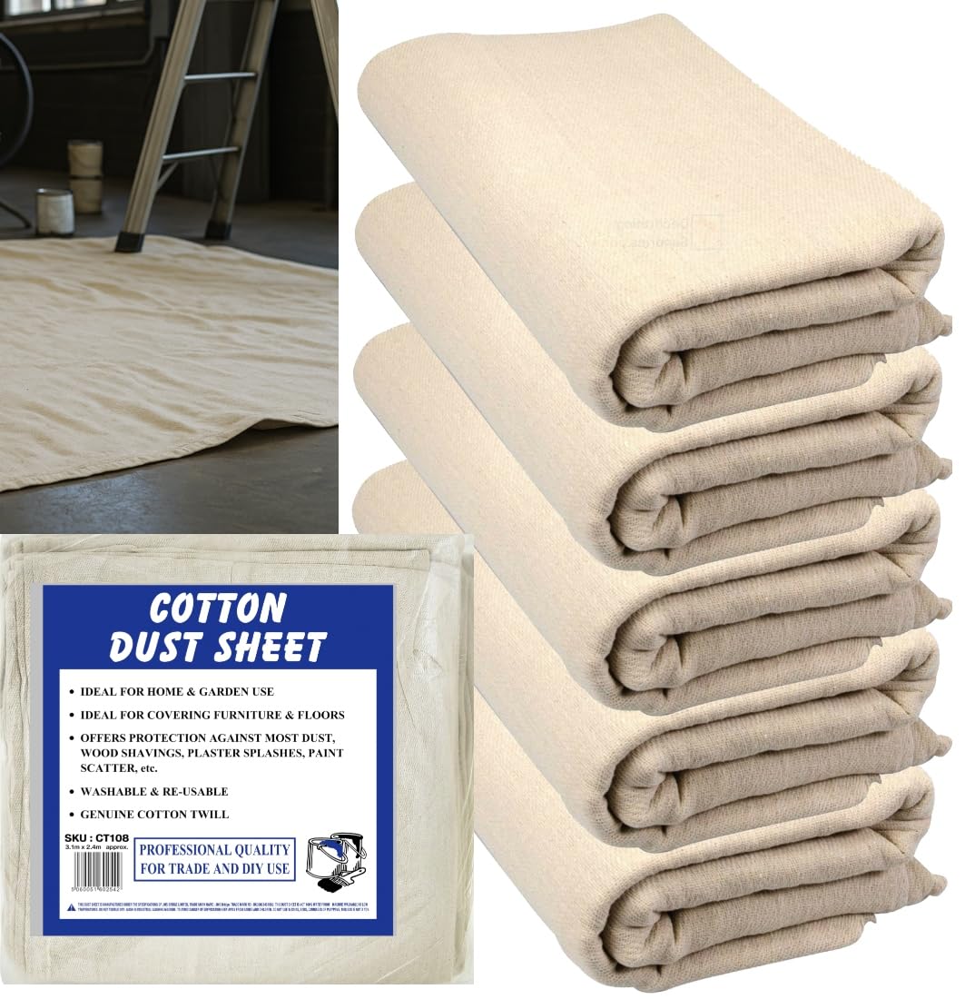 5 x Cotton Dust Sheets 10ft x 8ft – Paint Sheets, Drop Cloths for Painting & Decorating, Furniture Cover, Washable & Reusable Protective Dust Sheet
