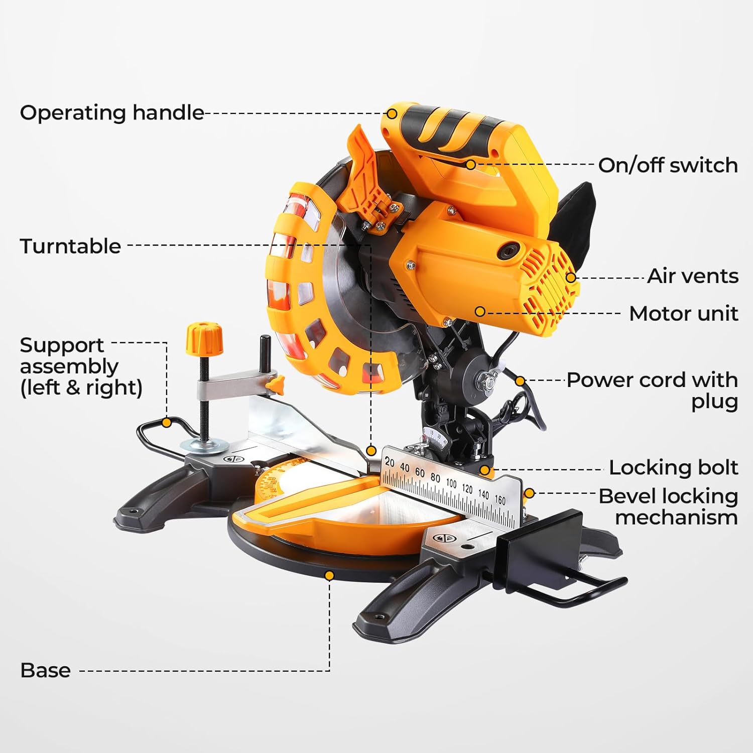 DEKOPRO Corded Miter Saw with Ring Spanner | 210mm Blade | 5000 RPM | 12A/1450W | 0-45° Single-Bevel