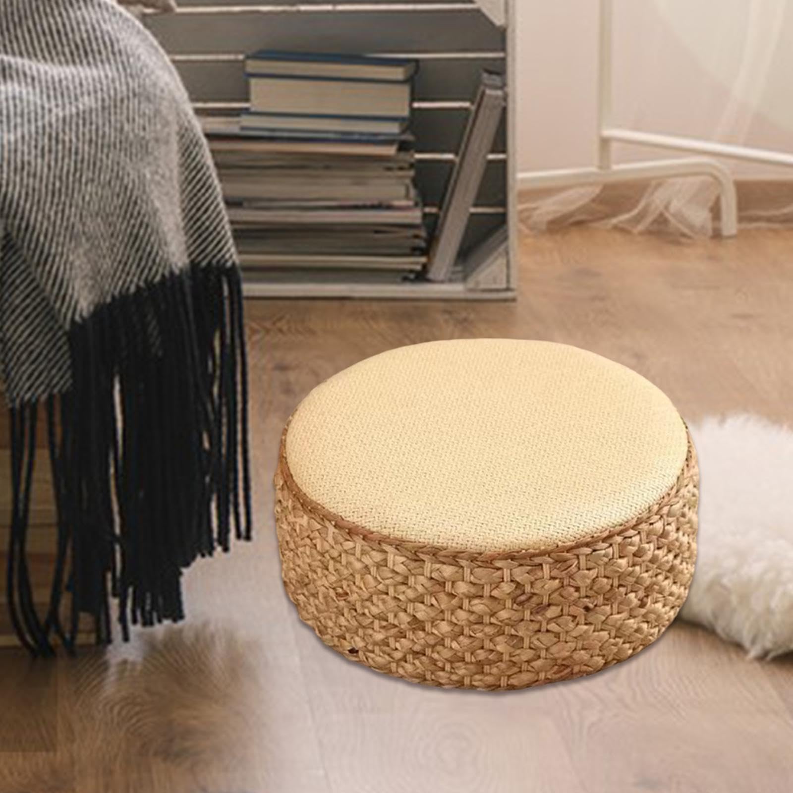 F Fiftyle Cuscino Tatami in Rattan Poggiapiedi Rotondo - Ottomano da Pavimento per Balcone e Sala Beige