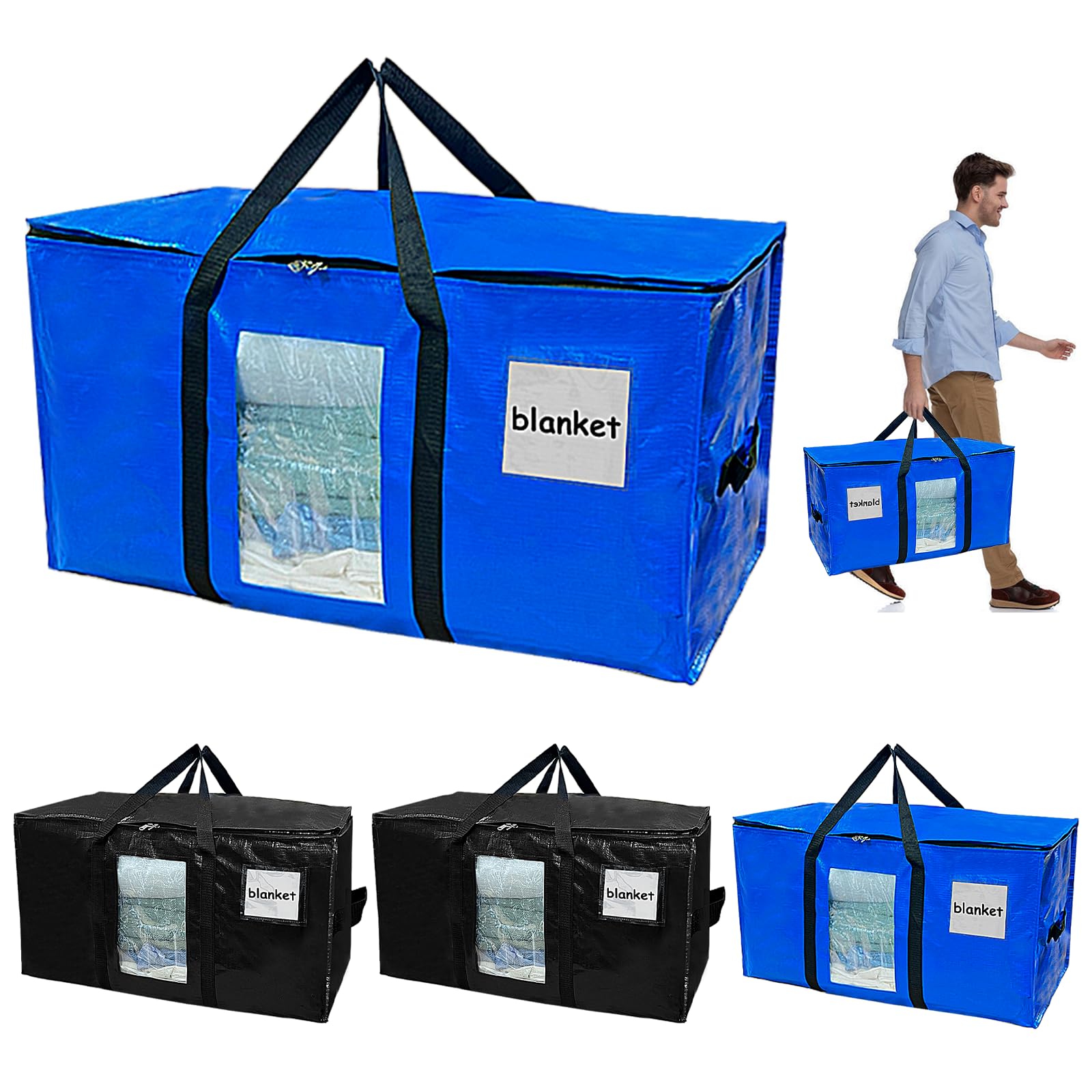 Borse da Trasloco Grandi 100 L con Manici e Cerniere, Borsa Portaoggetti Trasparente per Vestiti Coperte (Nero, Blu)