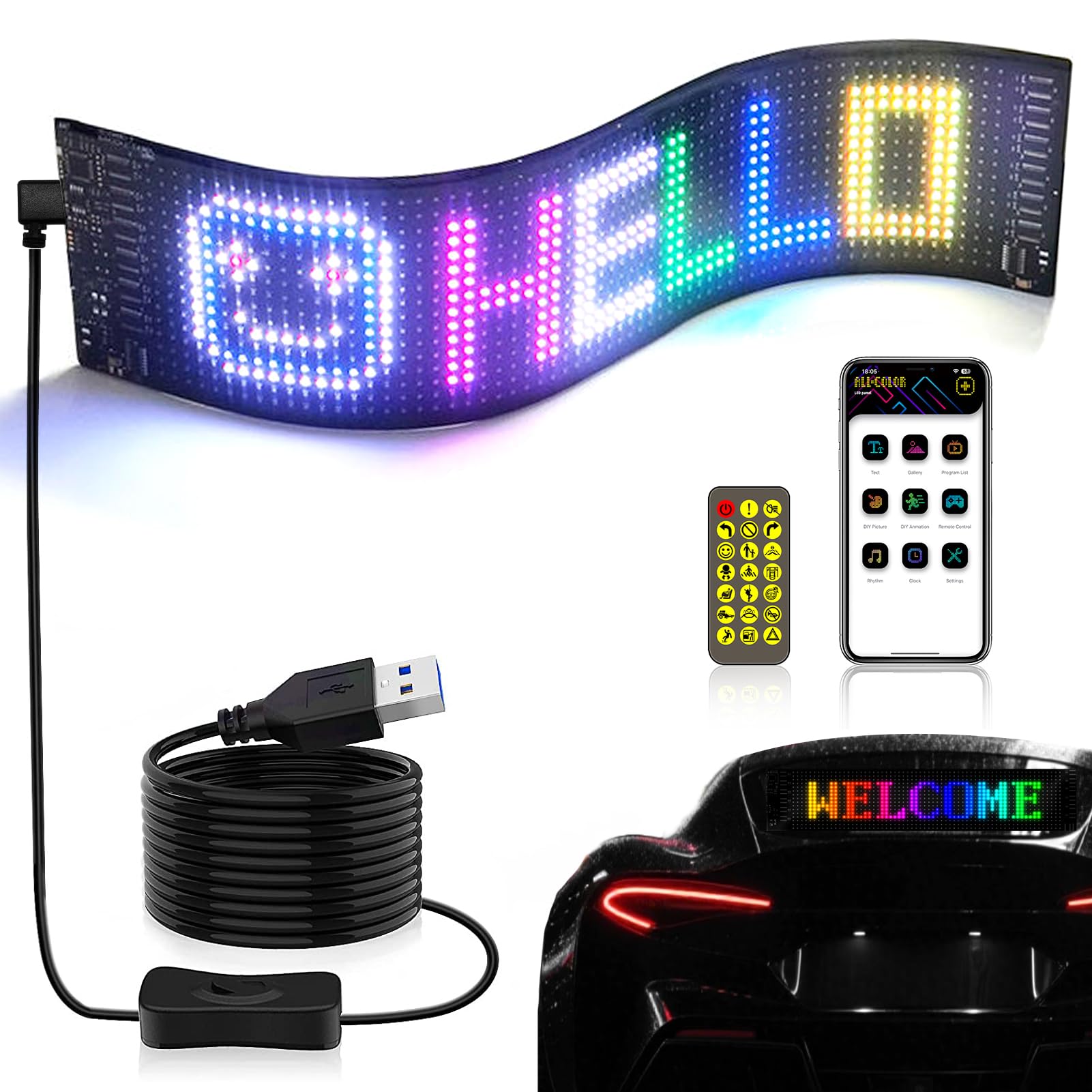 Insegna Luminosa LED Pannello LED Programmabile 37.5x9cm USB 5V Schermo Flessibile Scorrimento Matrice con Bluetooth APP Controllo Display per Auto Bar Negozio Festa Decorazione