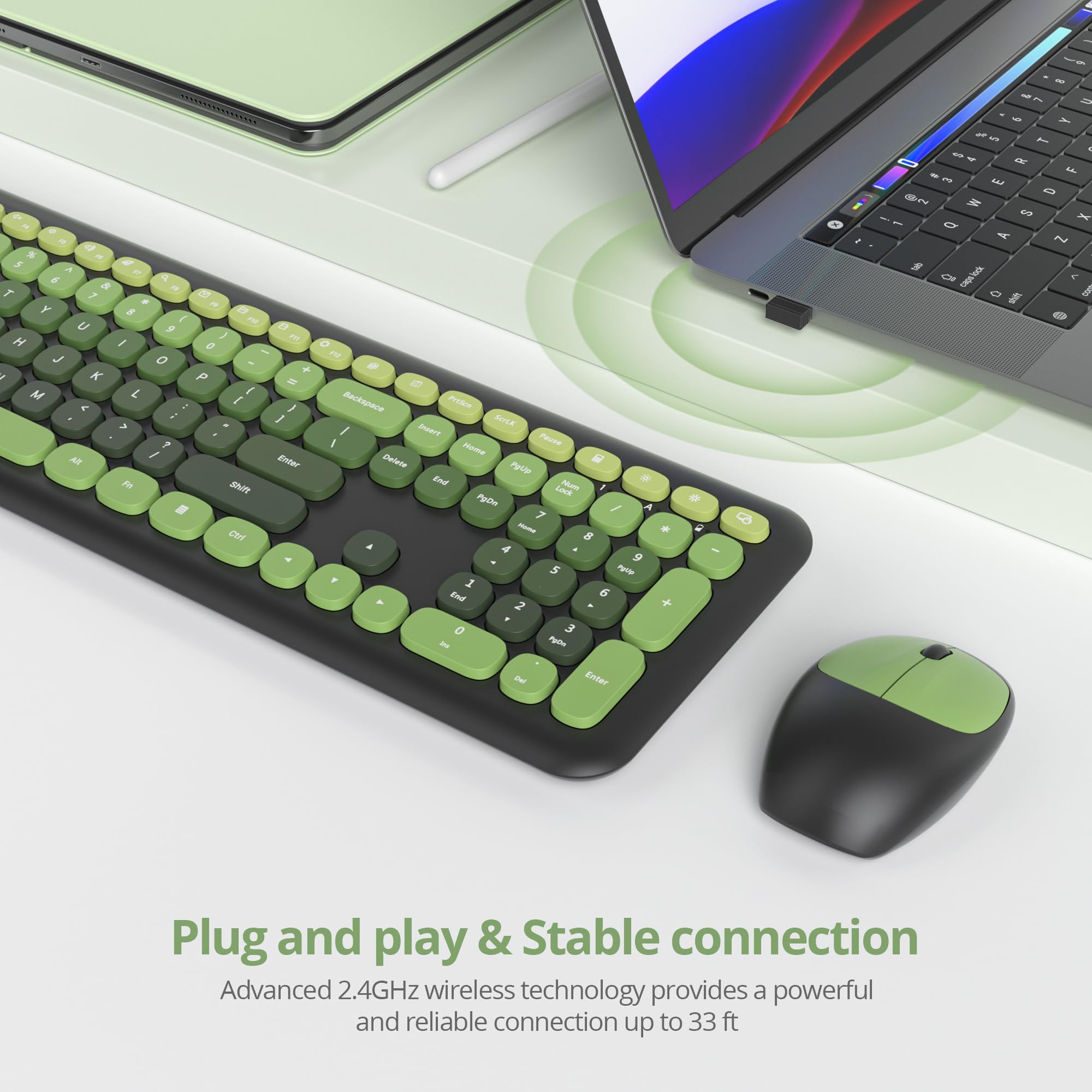 SOLIDEE Combo Tastiera e Mouse Wireless Colorato,Tastiera Retro per Macchina da Scrivere 2.4GHz,104 Tasti con Tastierino Numerico,Tastiera a Membrana Silenziosa(Americana QWERTY)(DarkGreen Gradient)