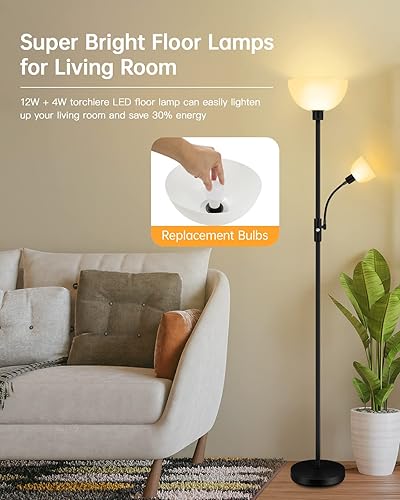 Miniatura 2 de Lámparas de pie para sala de estar, color negro, luz de dormitorio de poste de 71 pulgadas de alto, lámpara de pie brillante con luz de lectura