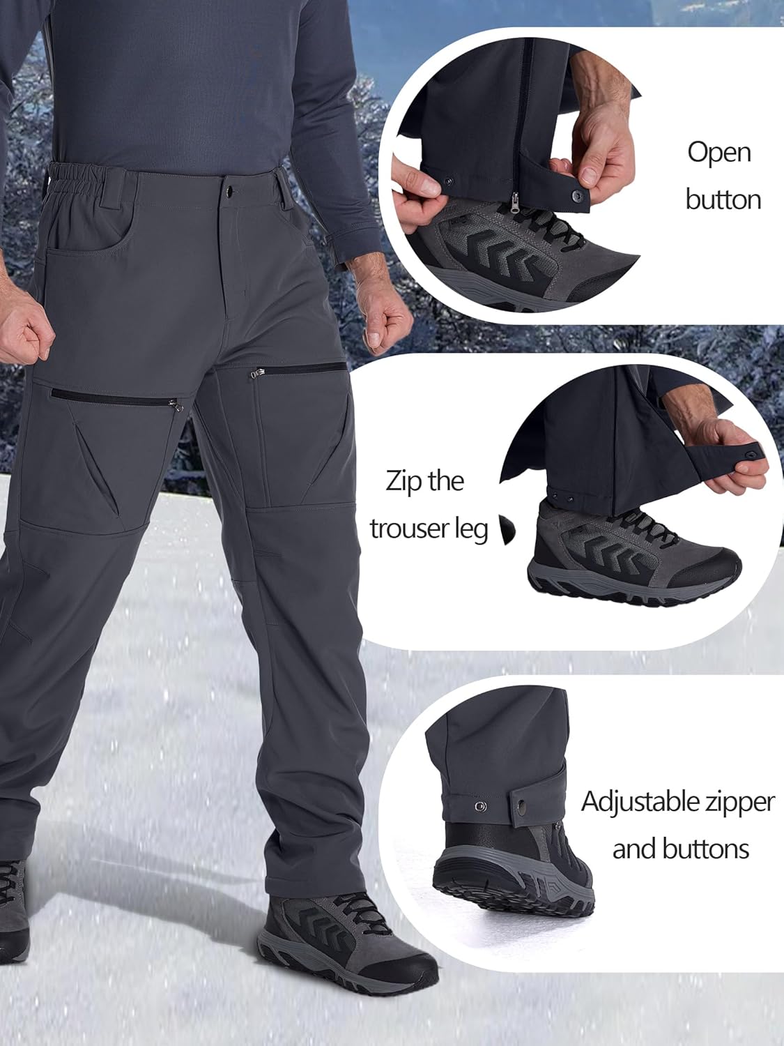 Men's Fleece Lined Waterproof Ski Pants, Insulated Mens Snow Winter Pants for Cold Weather, Outdoor Soft-Shell Pant