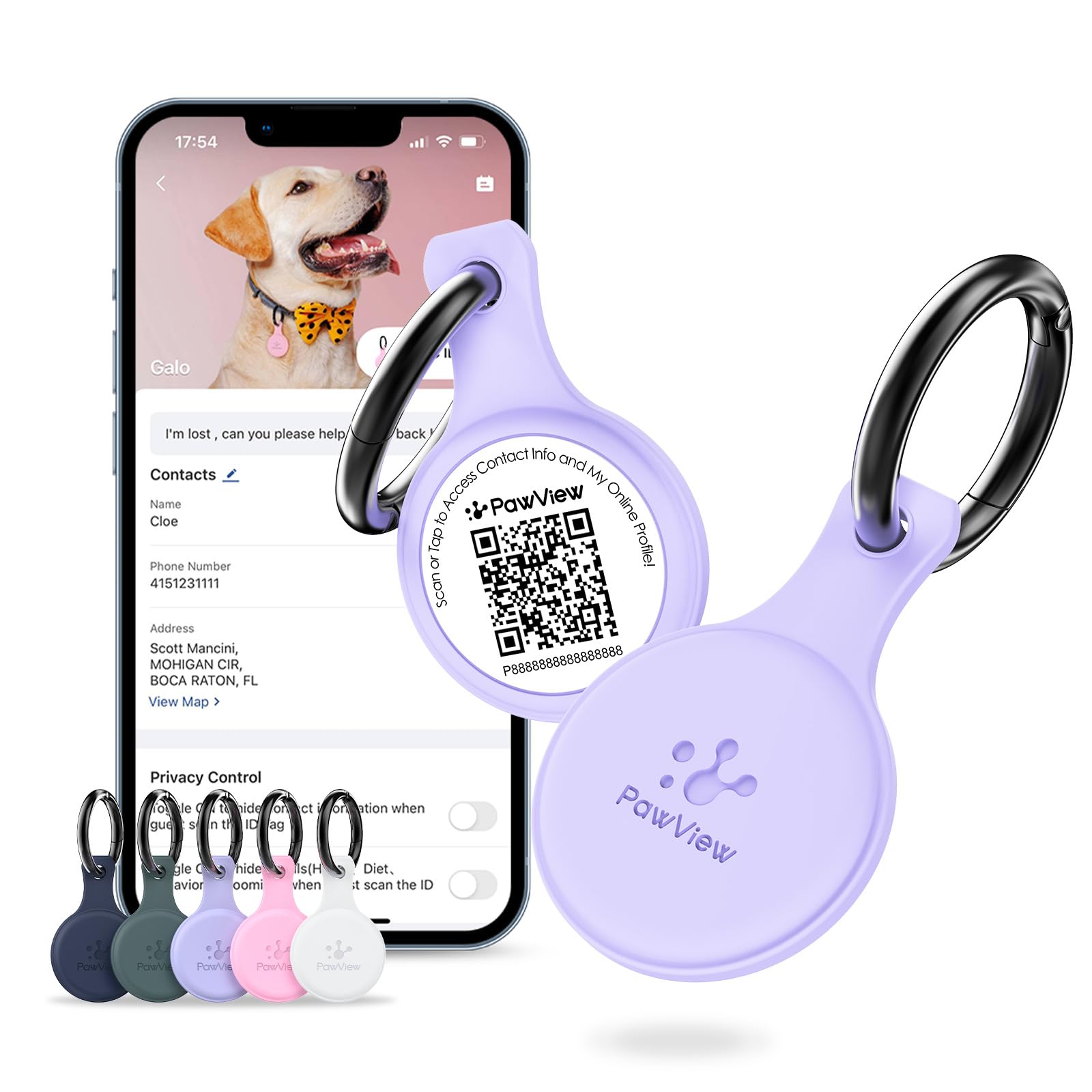PawView Dog ID Tag with QR Code & NFC, Silent Silicone Dog Name Tags Personalized for Pets- Scan QR for Instant Location Alert, Emergency Contact and