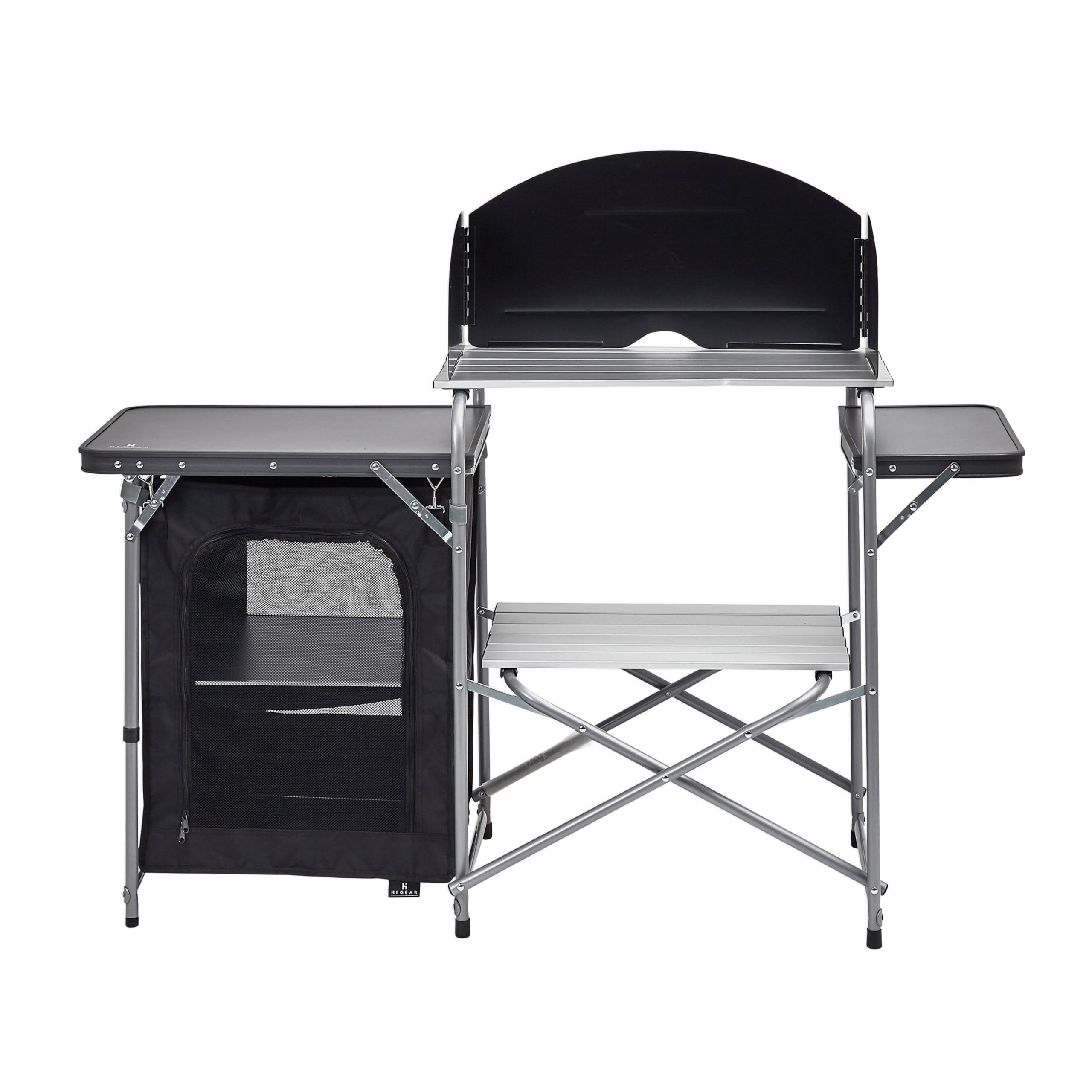 Hi Gear Basecamp Deluxe Kitchen Stand with Windshield & Storage Cupboard, Lightweight, Easy to Assemble, Portable, Folding Camp Table, Ideal for Camping & Festivals, includes Carry Bag, Silver