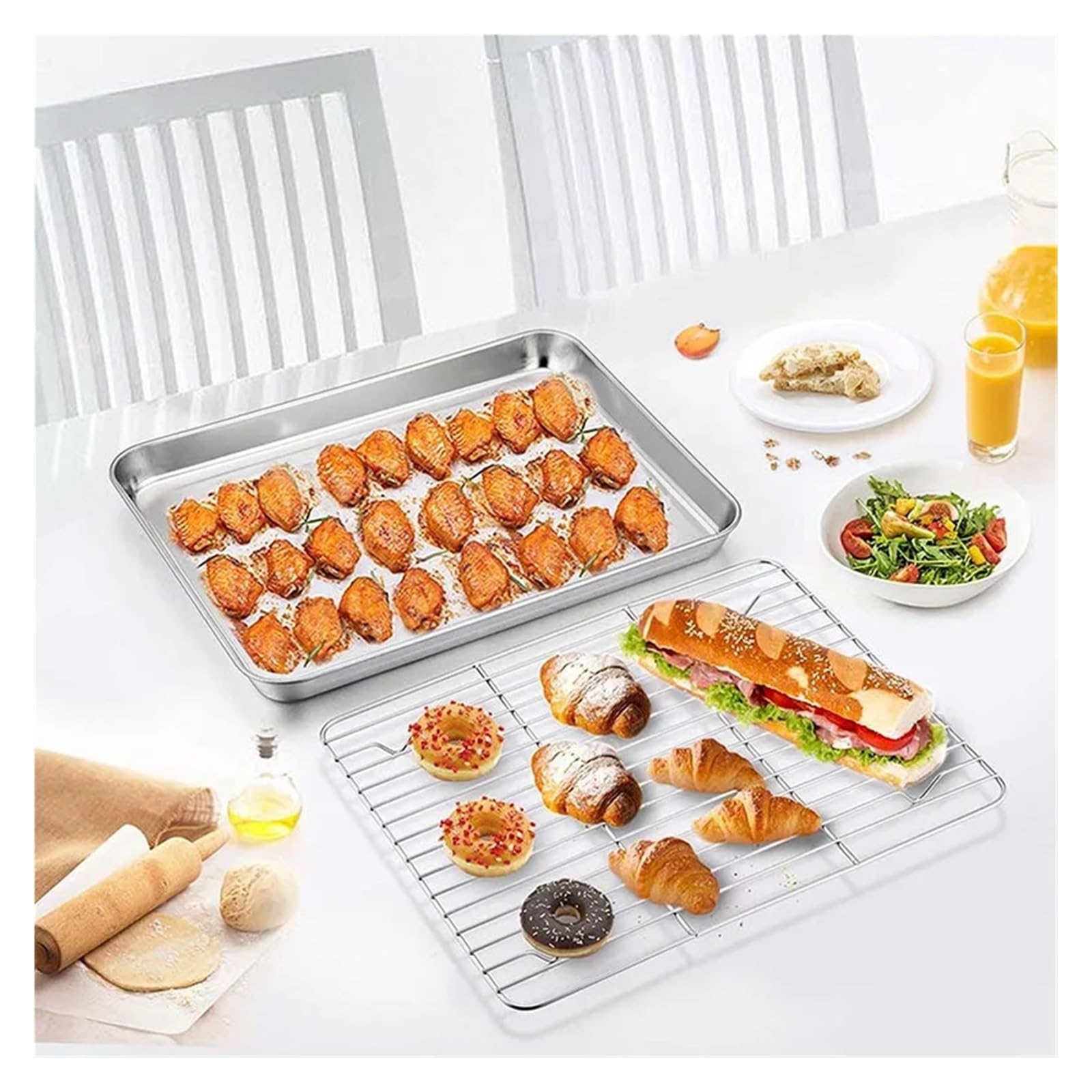 Rechteckige Grill-/Plätzchenbackform aus Edelstahl mit herausnehmbarem Abkühlgitter, Küchenhelfer, antihaftbeschichtetes Tablett, ofengeeignet(M set)