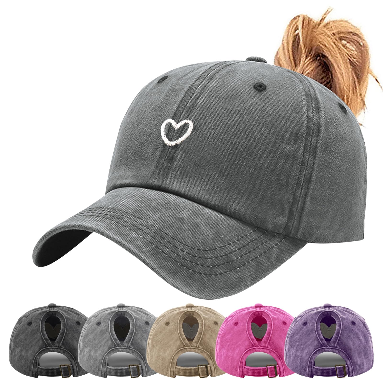 Tiakay Pferdeschwanz Baseball Cap mit Herzförmiges Stickmuster Damen Verstellbare Baseballkappe Vintage Mützen Sonnenschutz Basecap Mit Zopf Loch Verstellbarer Sonnenhut Camping-Wanderhut