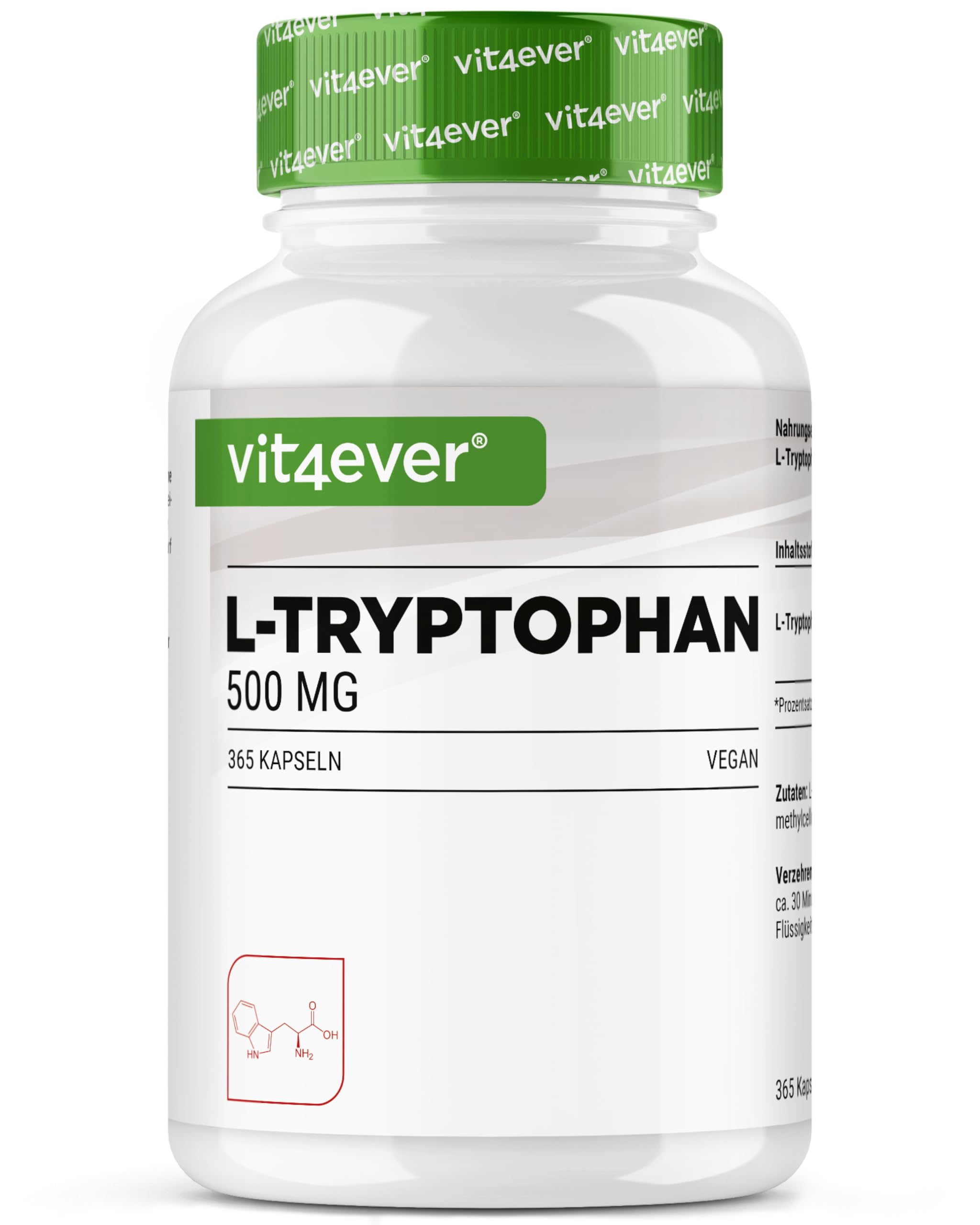 L-Tryptophane - Hautement Dosé avec 500 mg par Gélule - 365 Gélules Véganes - Réserve de 12 Mois - Issu de Fermentation Végétale - sans Additifs Inutiles, Végan