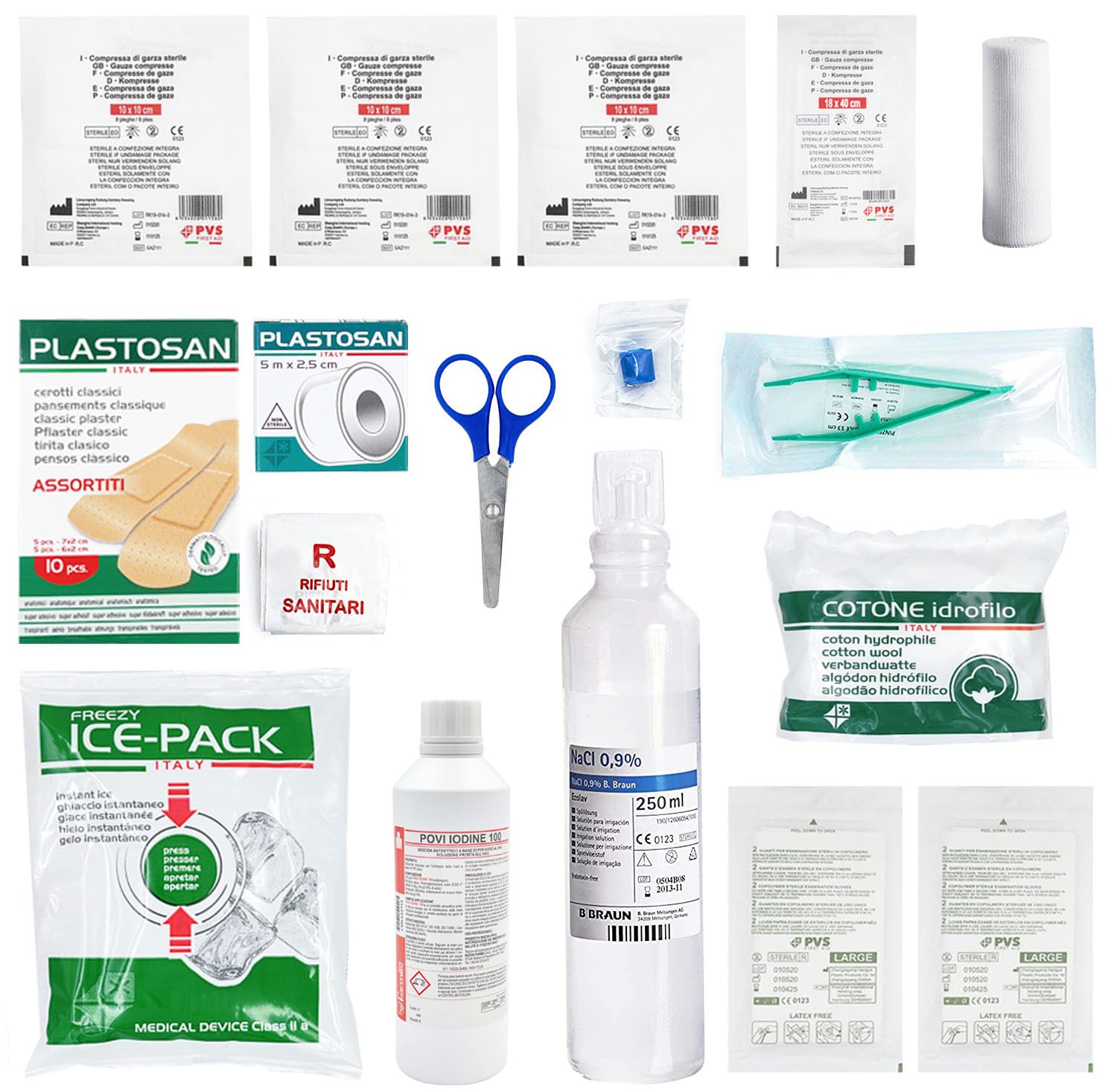 ONFARMA KIT REINTEGRO pronto soccorso pacchetto di medicazione COMPLETO DI CARTELLO PRIMO SOCCORSO conforme DM 388 allegato 2 per aziende fino a 2 lavoratori e mezzi aziendali