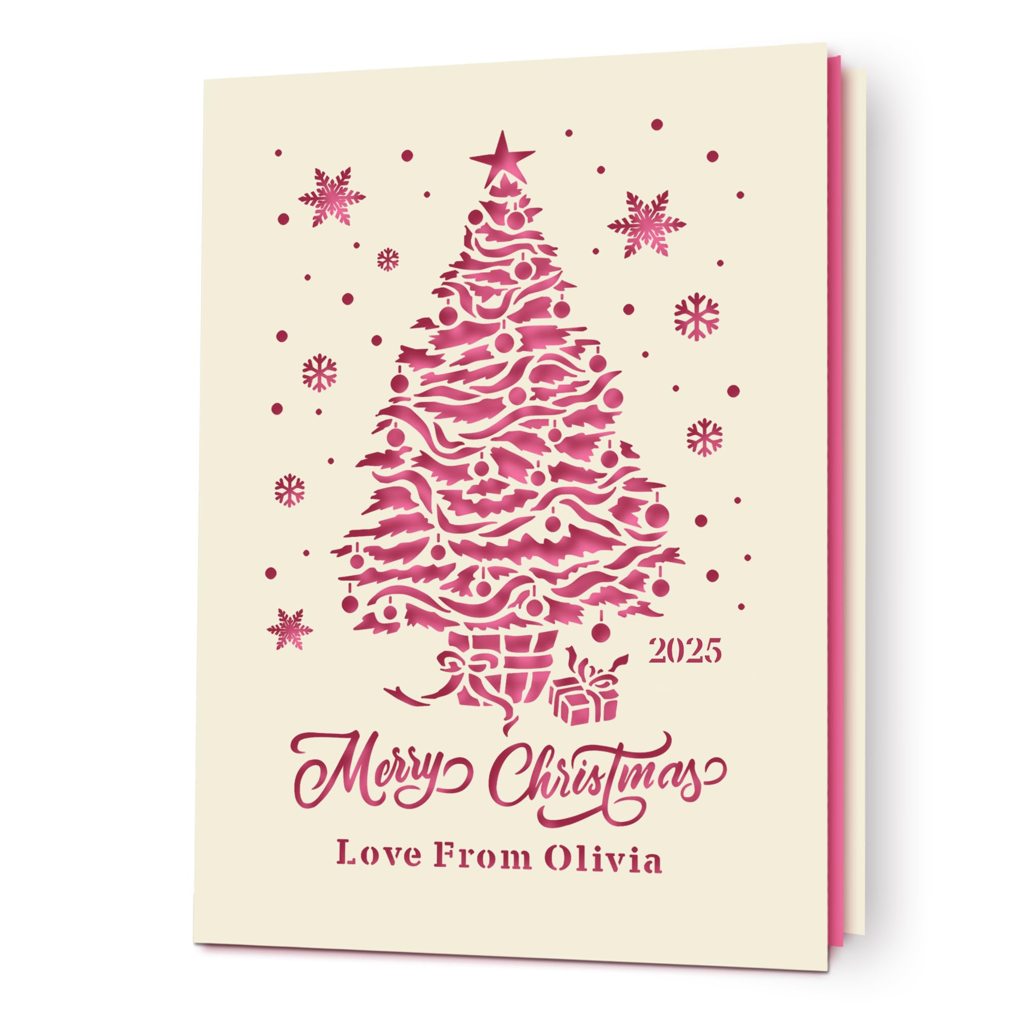 Personalised Christmas Cards 2025 Greeting Cards Xmas Santa Gift Custom Gift Laser Paper Cut Xmas Cards for Kids Boys Girls Daughter Niece Grandson Granddaughter Grandad(Fuchsia)