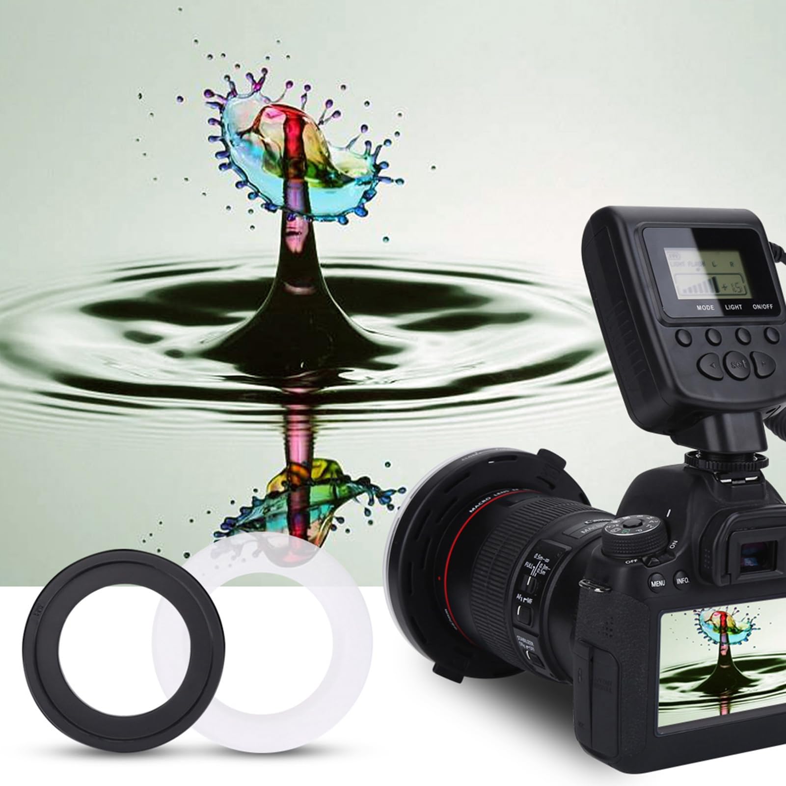 Latarka pierścieniowa LED PolyGen z dużym ekranem LCD, niezależną regulacją jasności A/B i 4 filtrami kolorów, służy jako wszechstronna błyskowa do lustrzanek w większości