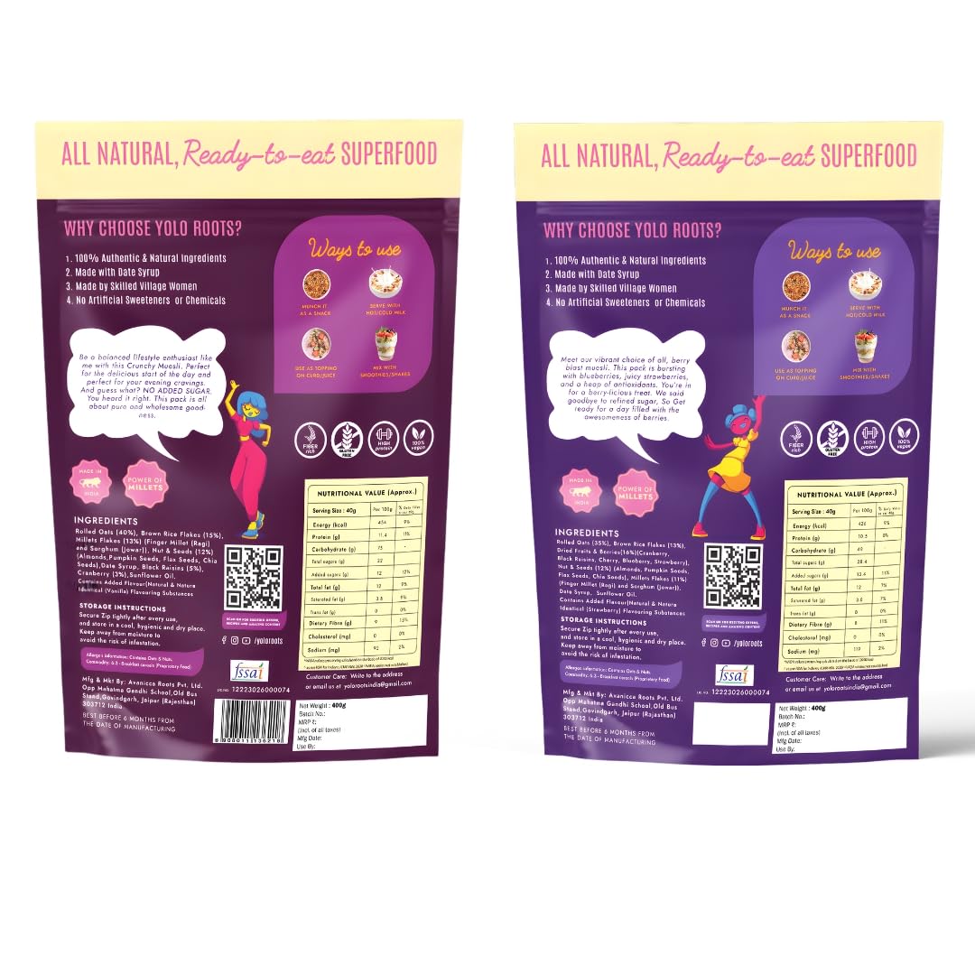 Yolo Roots Multigrain Crunchy Muesli 400g & Berry Blast Muesli 400g Combo, No Added Sugar, High Fiber Breakfast Cereal with Oats, Healthy Snack & Energy Food (Pack Of 2) 1