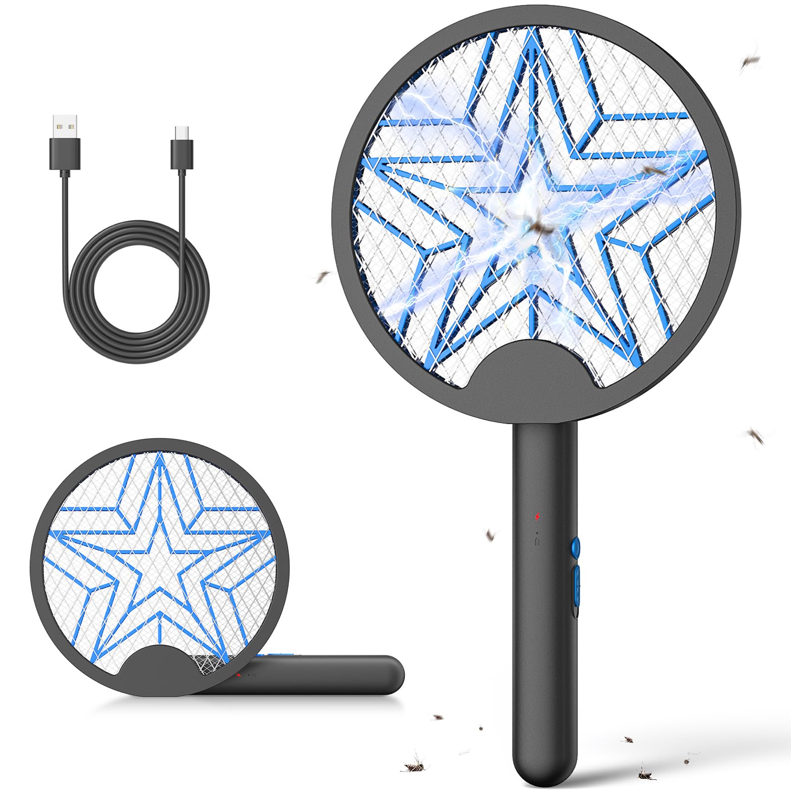 YISSVIC Electric Fly Swatter Foldable 4000V Mosquito Zapper, USB-C Rechargeable, 3-Layer Mesh, Portable Bug Zapper Killer for Indoor Outdoor, Camping, Home, Black