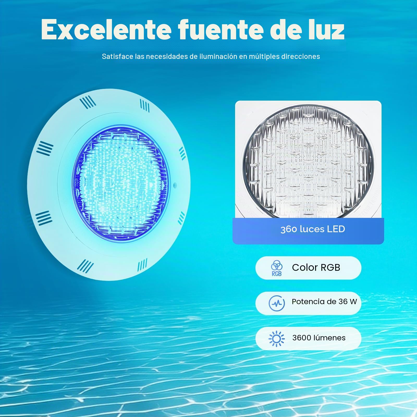 Foco LED subacuático RGB LED para piscina, con mando a distancia, ángulo de haz de 120°, IP68, resistente al agua