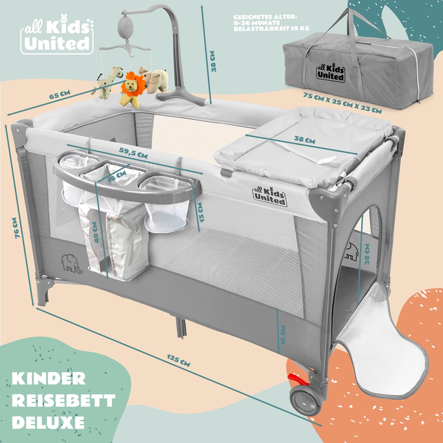 all Kids United Baby Reisebett Babybett mit Matratze, Wickelauflage, Musikspiel und Mobile Grau