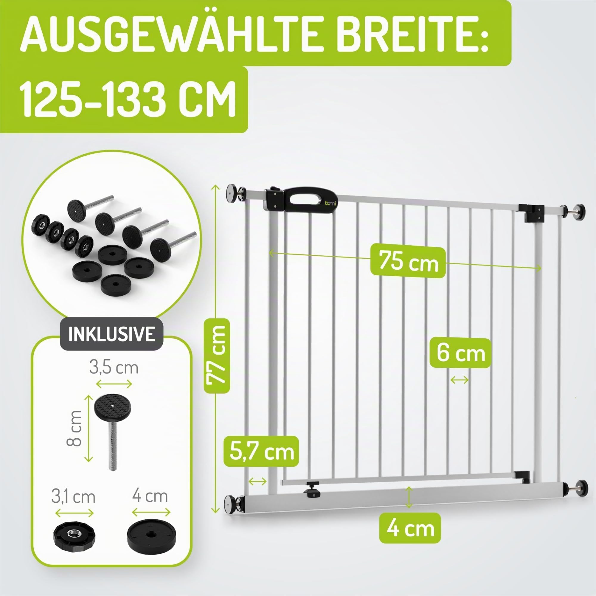 BOMI TÜV GS Siegel Hunde Türschutzgitter Merle | Zum Klemmen | Schließt automatisch | Hundetürschutzgitter und Baby Absperrgitter Weiss | Schutzgitter Tür zum Klemmen | Breite: 125-133 cm