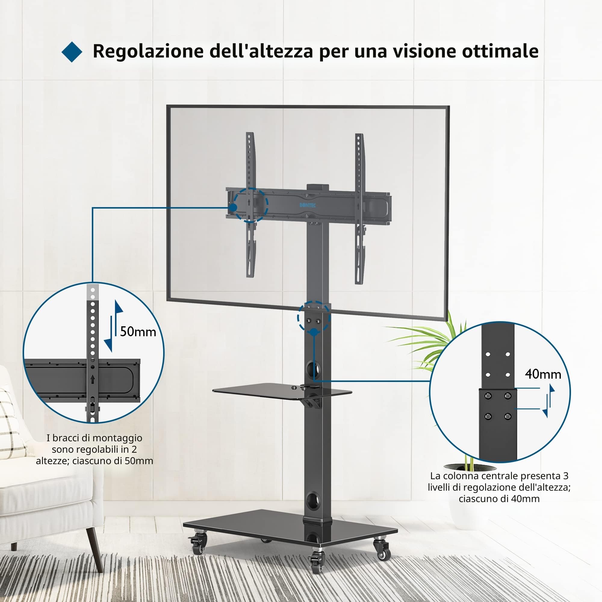 BONTEC Supporto TV da Pavimento 30-70 Pollici, Altezza Regolabile, Ripiani in Vetro Temperato, Carrello TV Portatile con Ruote, 40kg, VESA 600x400mm