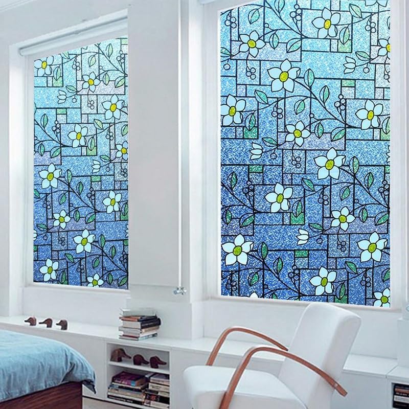 Image of Blue Flowers Printed GlassFilm Window Film Window Sticker Glass stickerFor Privacy, Sun Control, Decor for Home, Office & Bathroom (12 Inch X 60 Inch)