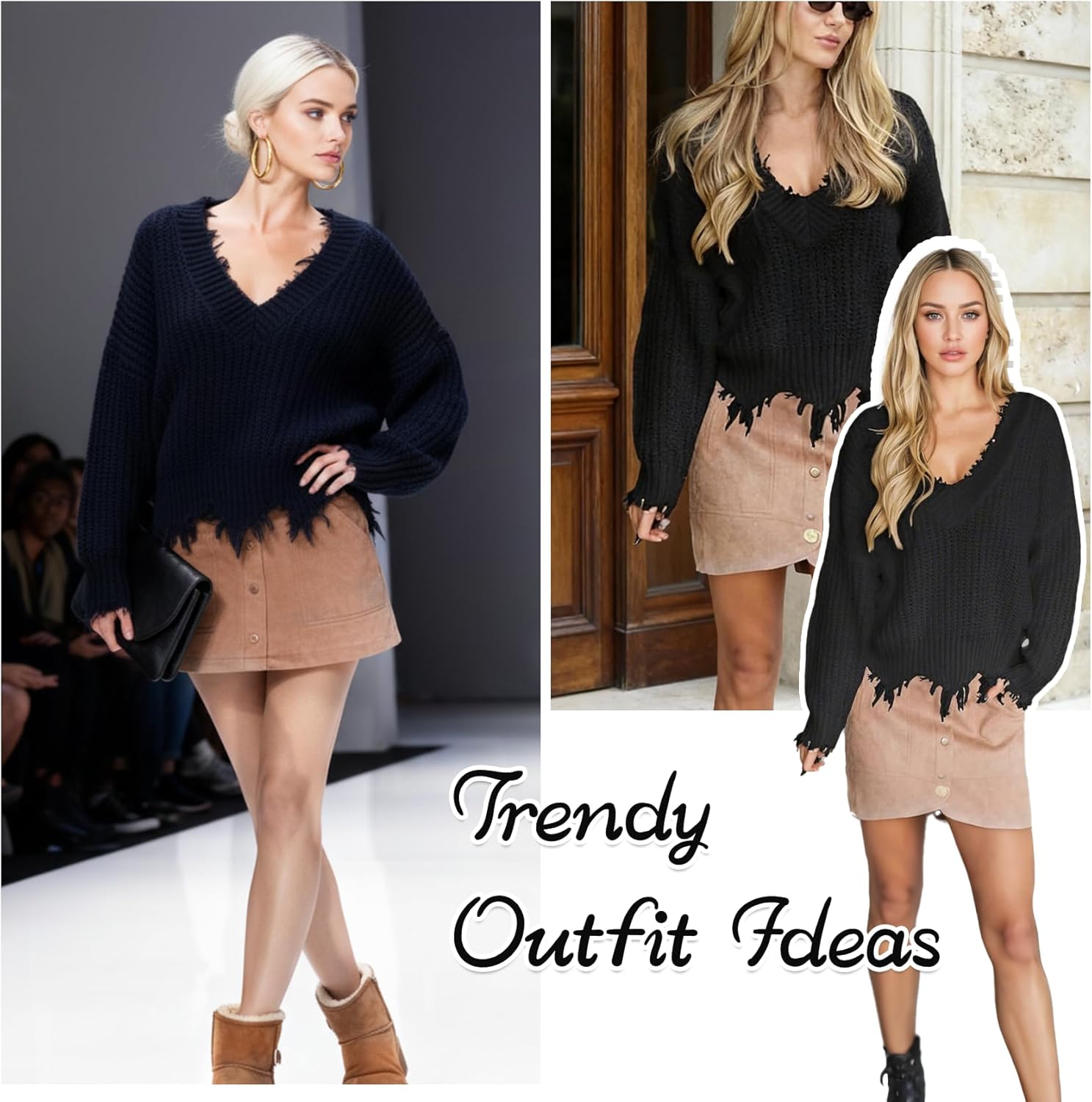 Women's Off Shoulder Sweater V Neck Pullover Distressed Hem Solid Knit Sweater Long Sleeve Crop Tops - Image 6