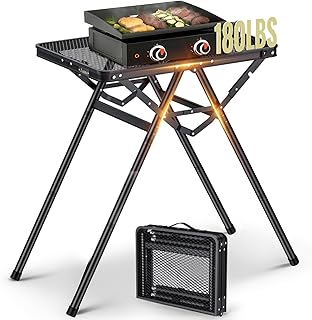 Anbte 2ft Folding Grill Table, Supports 180 Lbs, 2 Adjustable Height 28” Portable Grill Table Heat-Resistant Tabletop, Folding Metal Table for Camping BBQ Cooking Backyard Outdoor, 24" X 16", Black