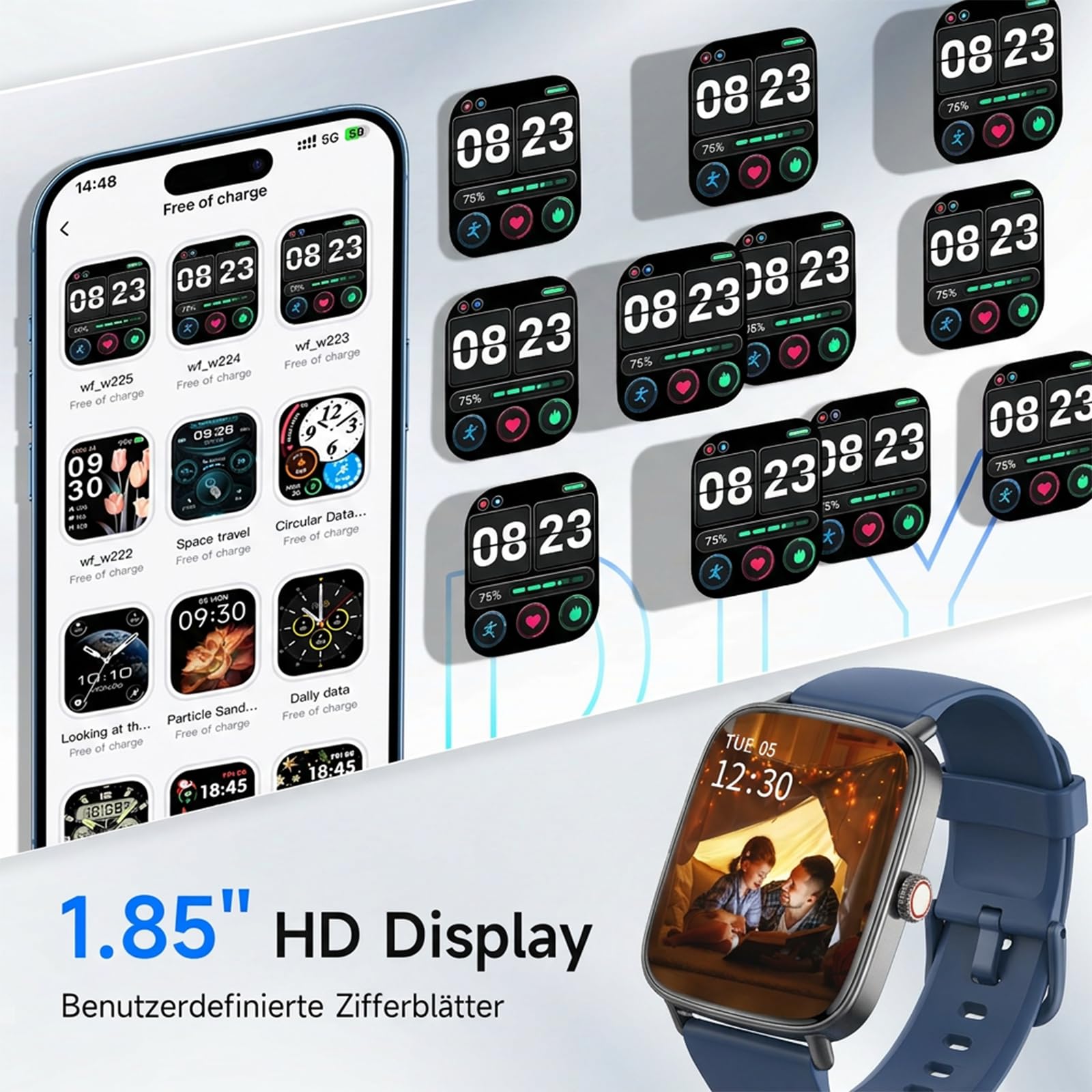 Montre Connectée Homme Femme,1.85" Smartwatch Femme avec Appel Bluetooth,Montre Intelligente pour iOS/Samsung/Android,120+ Modes Sport/Fréquence Cardiaque/Sommeil/SpO2,étanche IP68 Fitness Podomètre