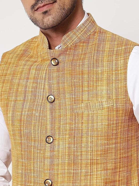Image of Vastraa Fusion Mens Handloom Small Check Cotton Nehru Jacket - (Brown)