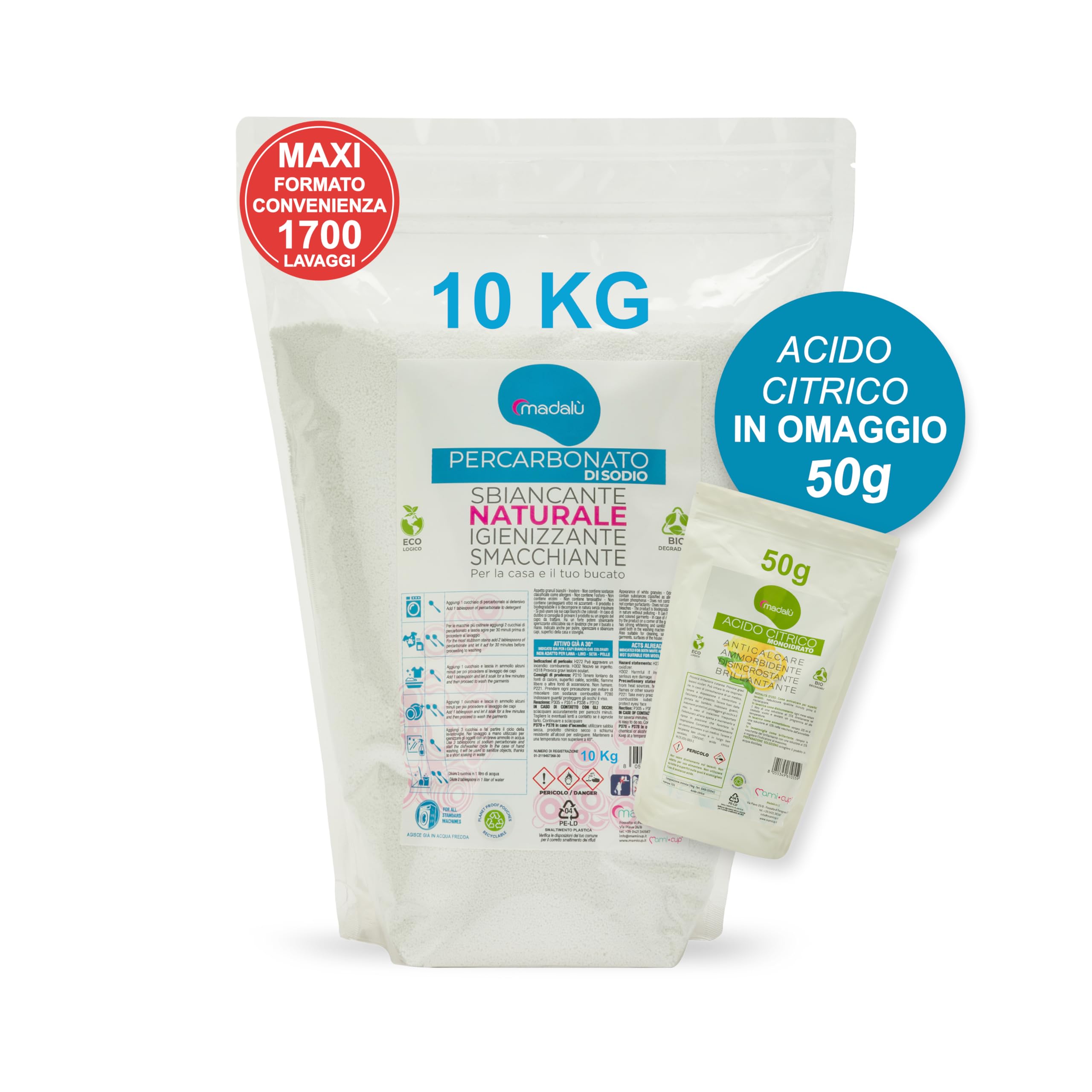 Percarbonato di Sodio per Bucato Puro (10 Kg, 1700 Lavaggi) Smacchiatore Bucato ad Azione Sbiancante Smacchiante Igienizzante Naturale, Antimuffa, Busta Richiudibile - IN OMAGGIO 50gr di Acido Citrico
