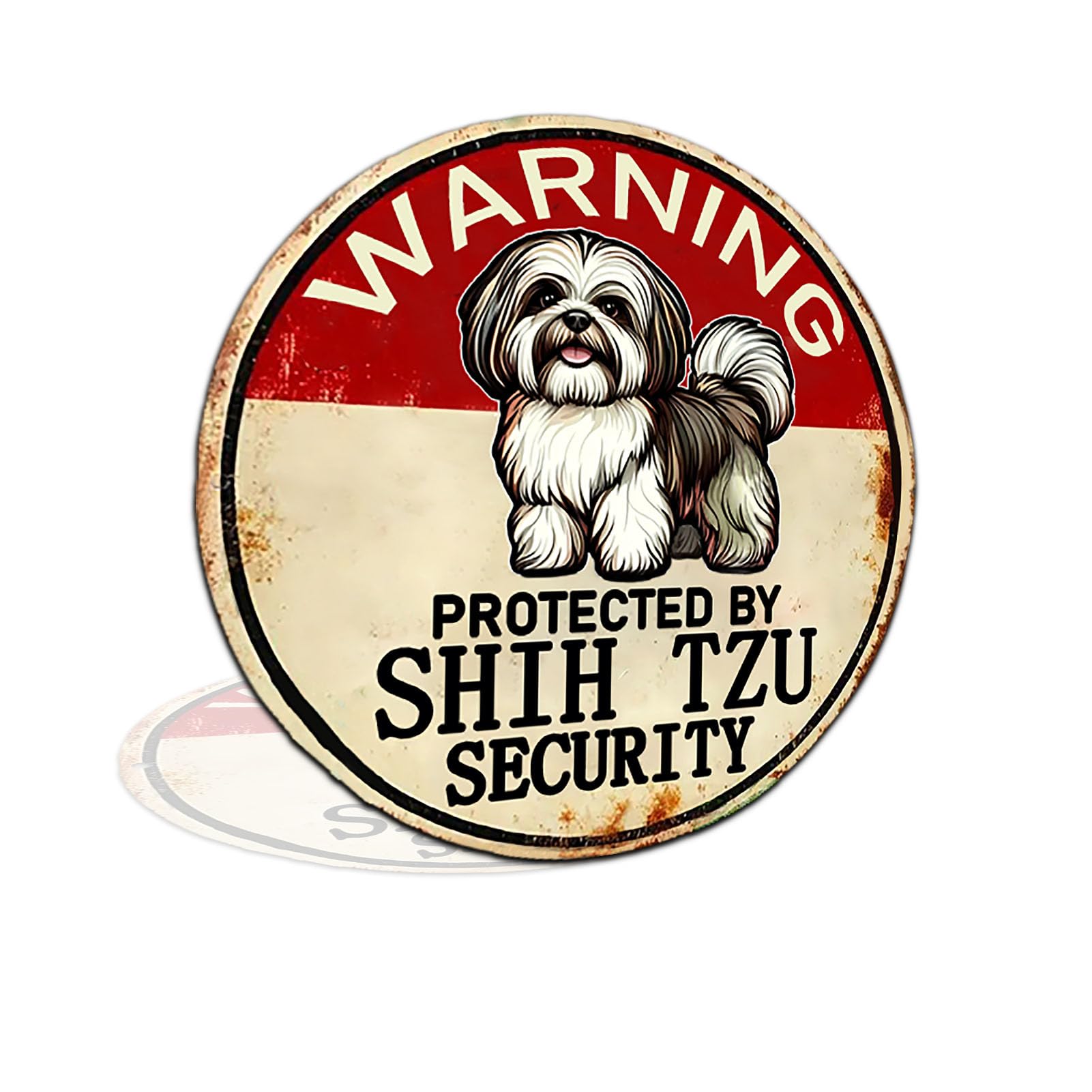 Warning Protected by Shih Tzu Security Vintage Metal Tin Sign for Fence Yard Home Garage 8x8 Inch Round Aluminum Wall Decor (2592)