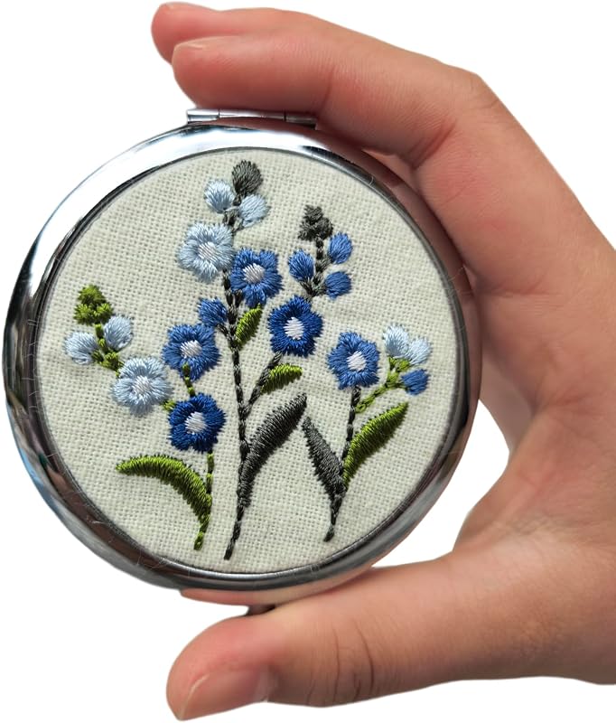 Espelho de bolso redondo Leimandy com bordado, dupla face 1x/2x, azul Forgetmenot, 1 unidade