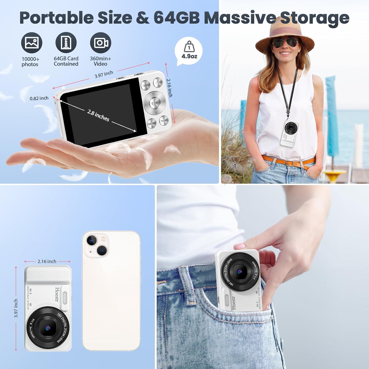 64MP 4Kデジタルカメラ、18倍ズームオートフォーカスポイント&amp;シュート コンパクトカメラ 64GB TFカード、フラッ