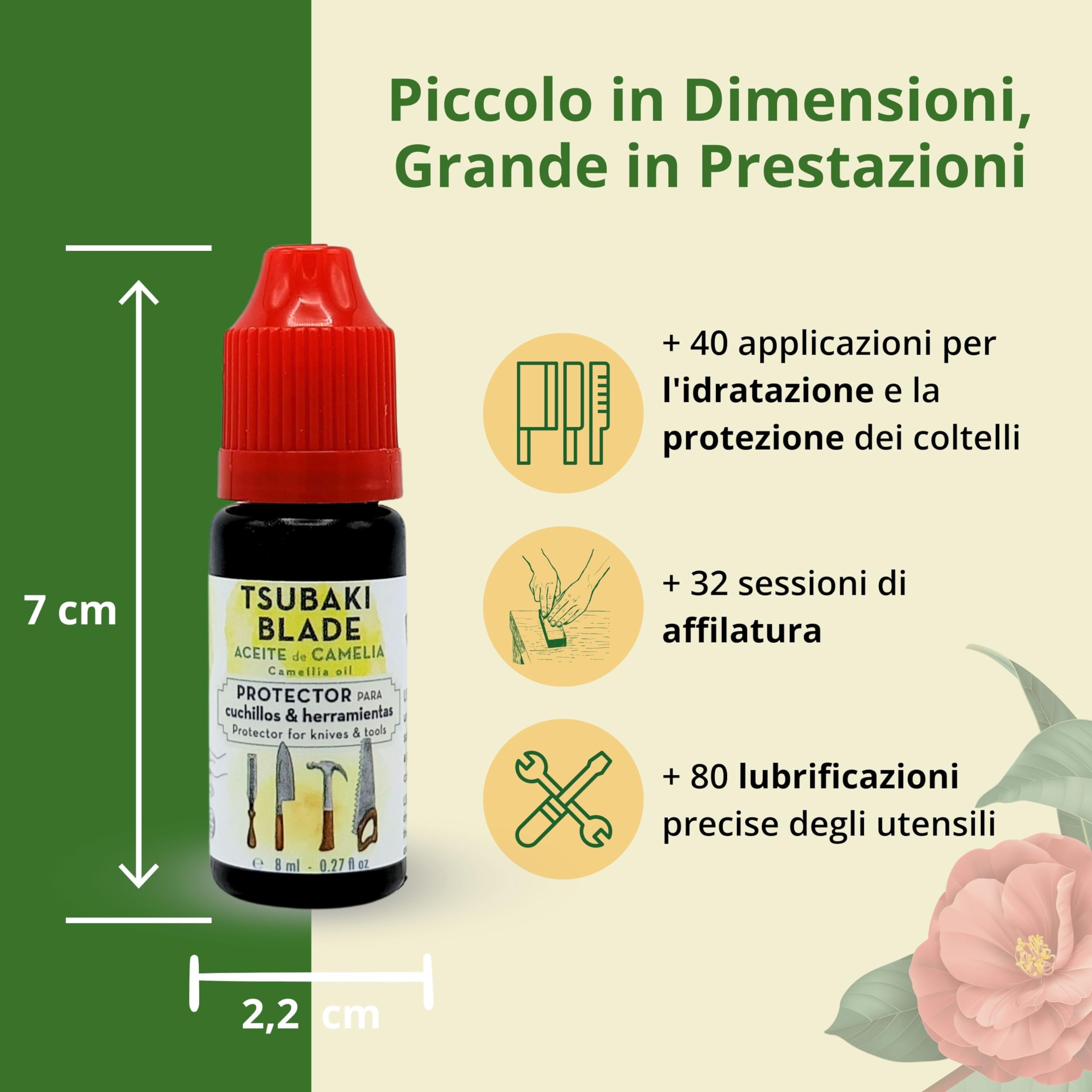 Tsubaki Blade | Olio di Camellia per Coltelli e Strumenti - Protettore Antiossidante, Lubrificante Naturale, Ideale per Coltelli in Acciaio al Carbonio e Legno - 100% Puro e Senza Prodotti Chimici