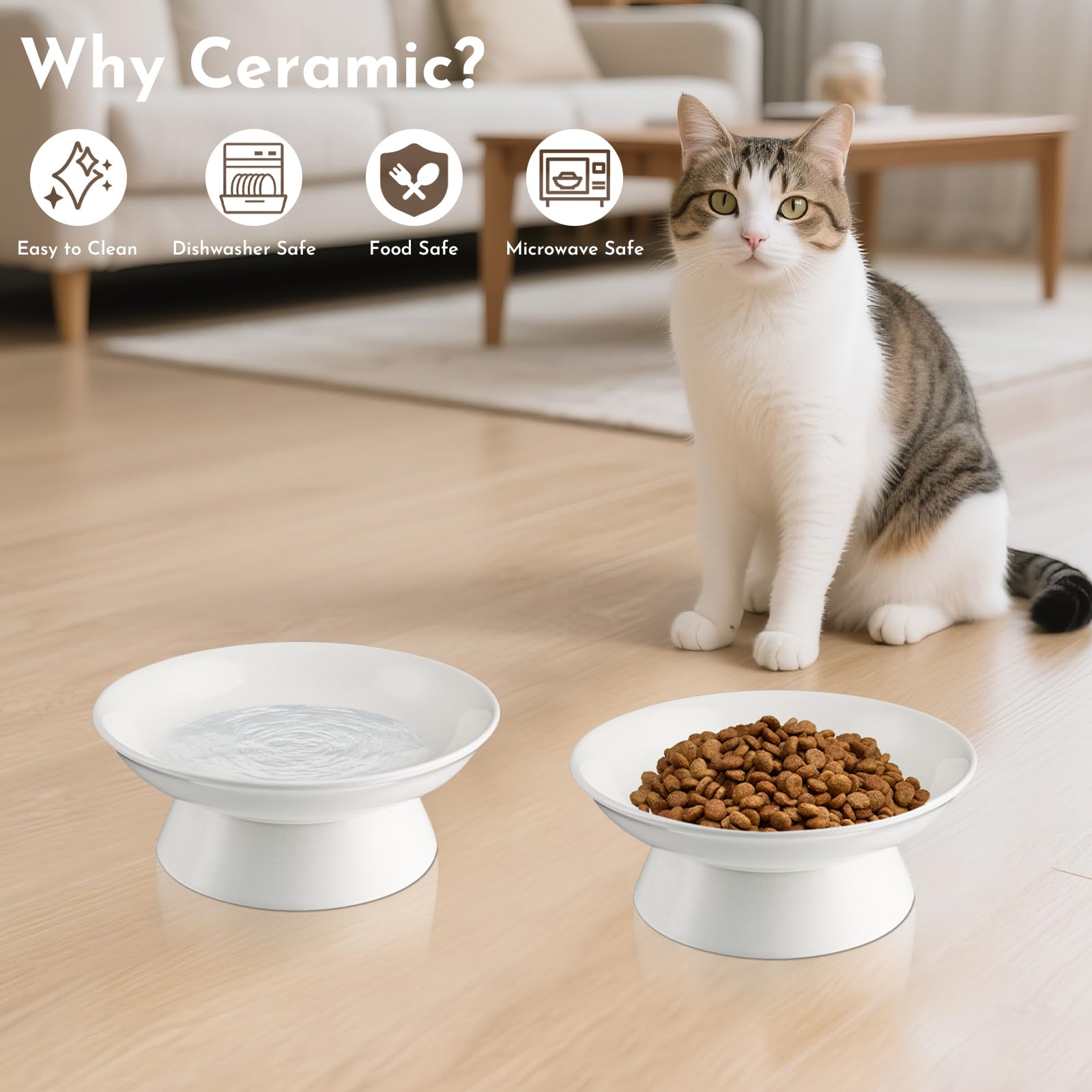 Ciotole Rialzate per Gatti in Ceramica 15,3 cm 2 Pezzi Anti Vomito con Supporto Lavabili in Lavastoviglie Bianco