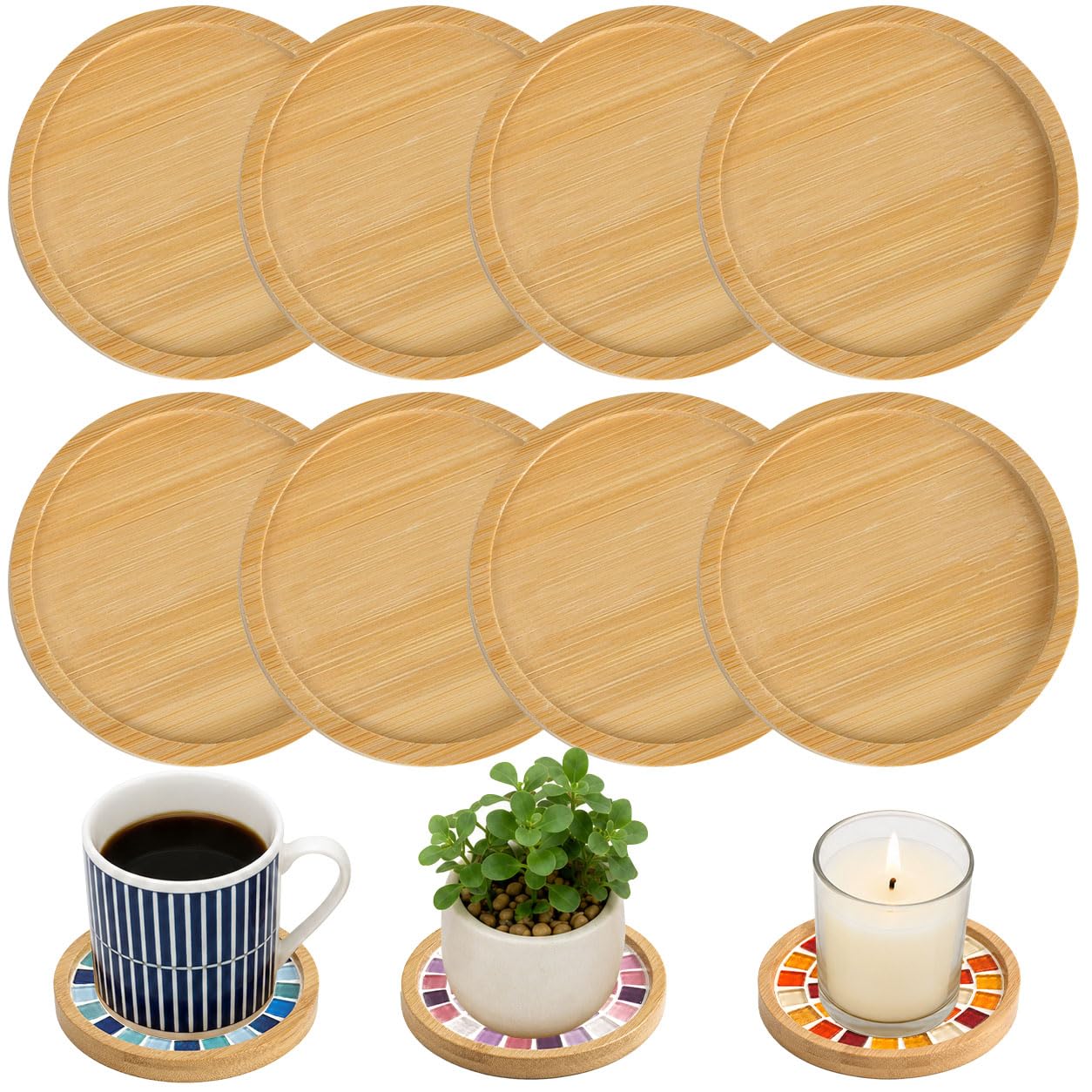 8-Pack Round Wooden Coasters, 9.5cm Blank Bamboo Coasters for Mosaic Craft