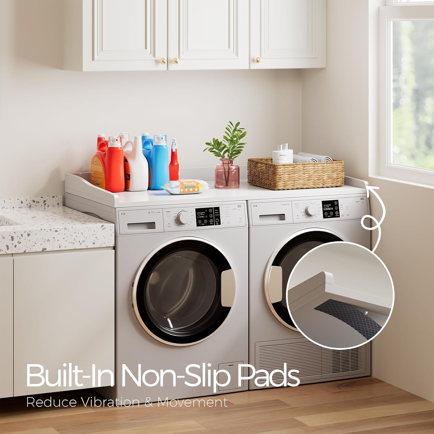 OAKHAM HOME Washer Dryer Countertop 54" W x 27.5"D Washer Dryer Topper with Non-Slip Pads Laundry Countertop for Laundry Room Organization and Storage, White