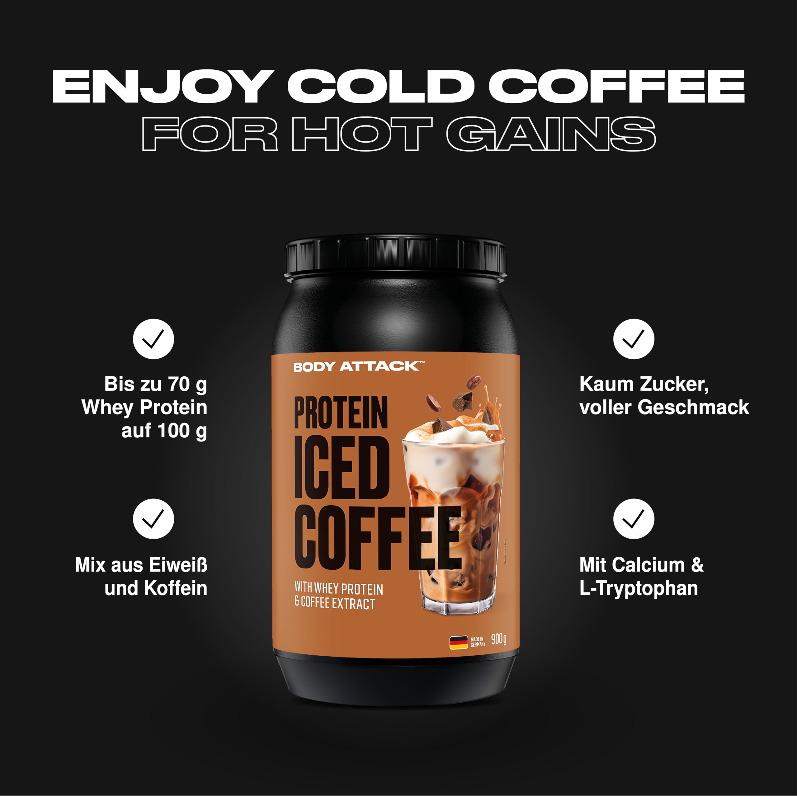 Body Attack Protein Iced Coffee Hazelnut Macchiato, 900 g - Whey Protein Pulver mit Kaffee Extrakt - Erfrischender Proteinshake mit Instantkaffee und Kakao - Mit Koffein, Made in Germany