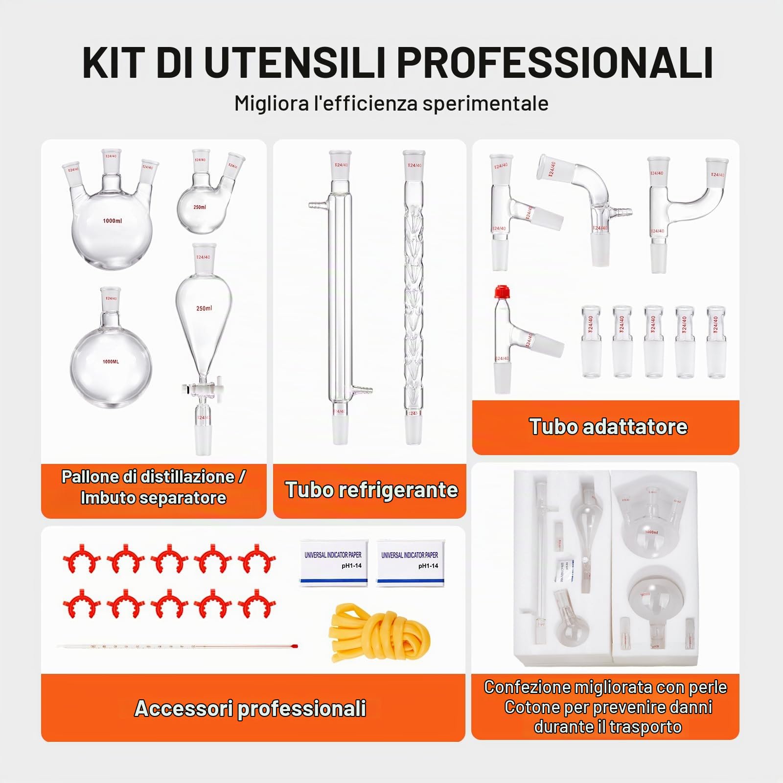 VEVOR Kit di distillazione da laboratorio, kit di distillazione 3.3 Boro con 24, 40 giunti, distillazione di oli essenziali da 1000 ml, set di attrezzature per vetreria da 29 pezzi