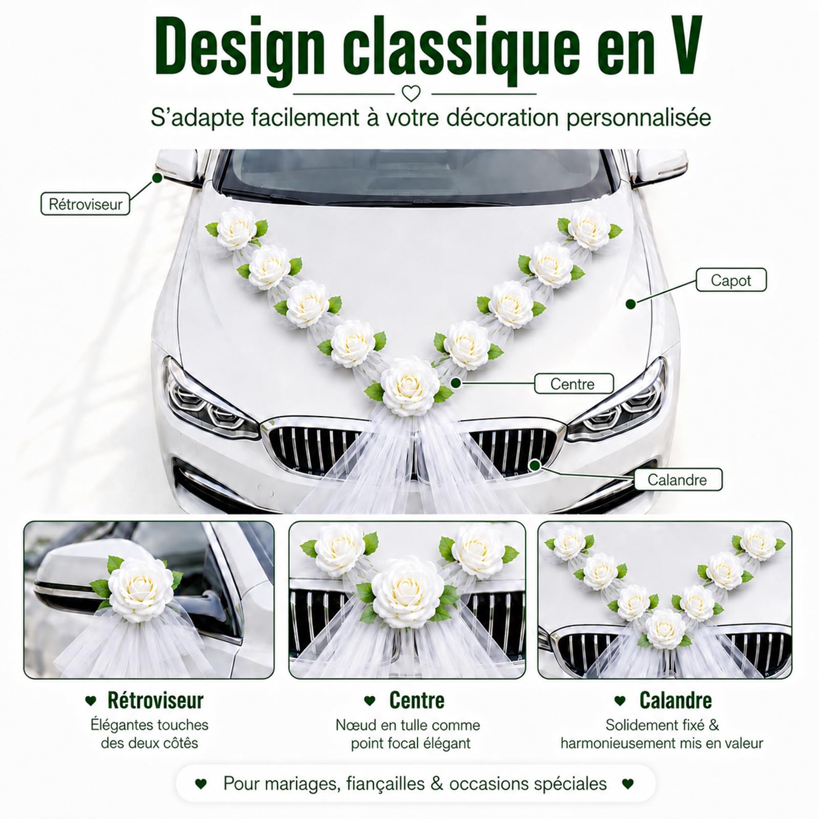 Décoration de voiture de mariage – Lot de 9 roses blanches avec ventouse, faciles à installer, réutilisables – Parfait pour mariage, demande en mariage, anniversaire de mariage