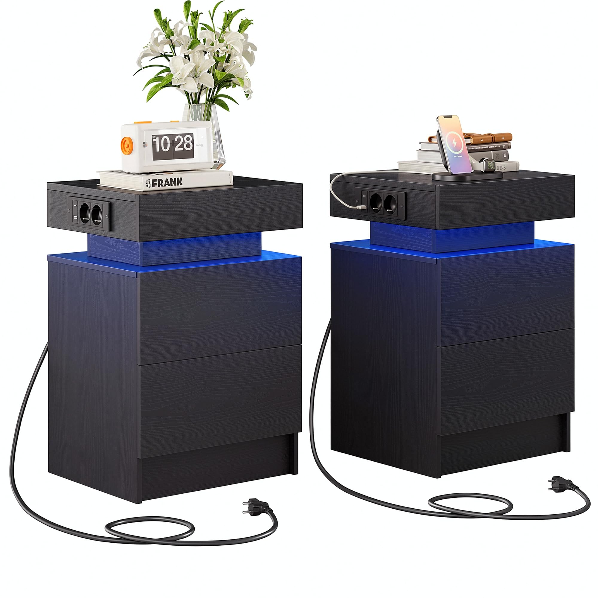 IRONCK Nachttisch 2er Set mit Ladestation und LED-Beleuchtung, Beistelltisch mit 2 Schubladen, Steckdosen, USB & USB-C Anschlüssen, modern Nachtschrank für Schlafzimmer Wohnzimmer, Schwarz 35×40×60 cm