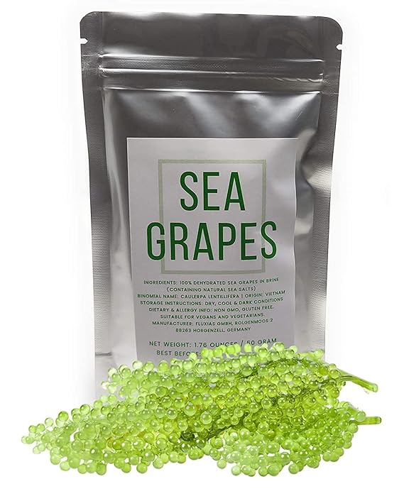 Umibudo Sea Grapes - Delicious Green Caviar Seaweed, Pure Caulerpa Lentillifera - Dehydrated Seagrapes in Brine, Net weight: 1.76oz, makes 1/2 pound once soaked