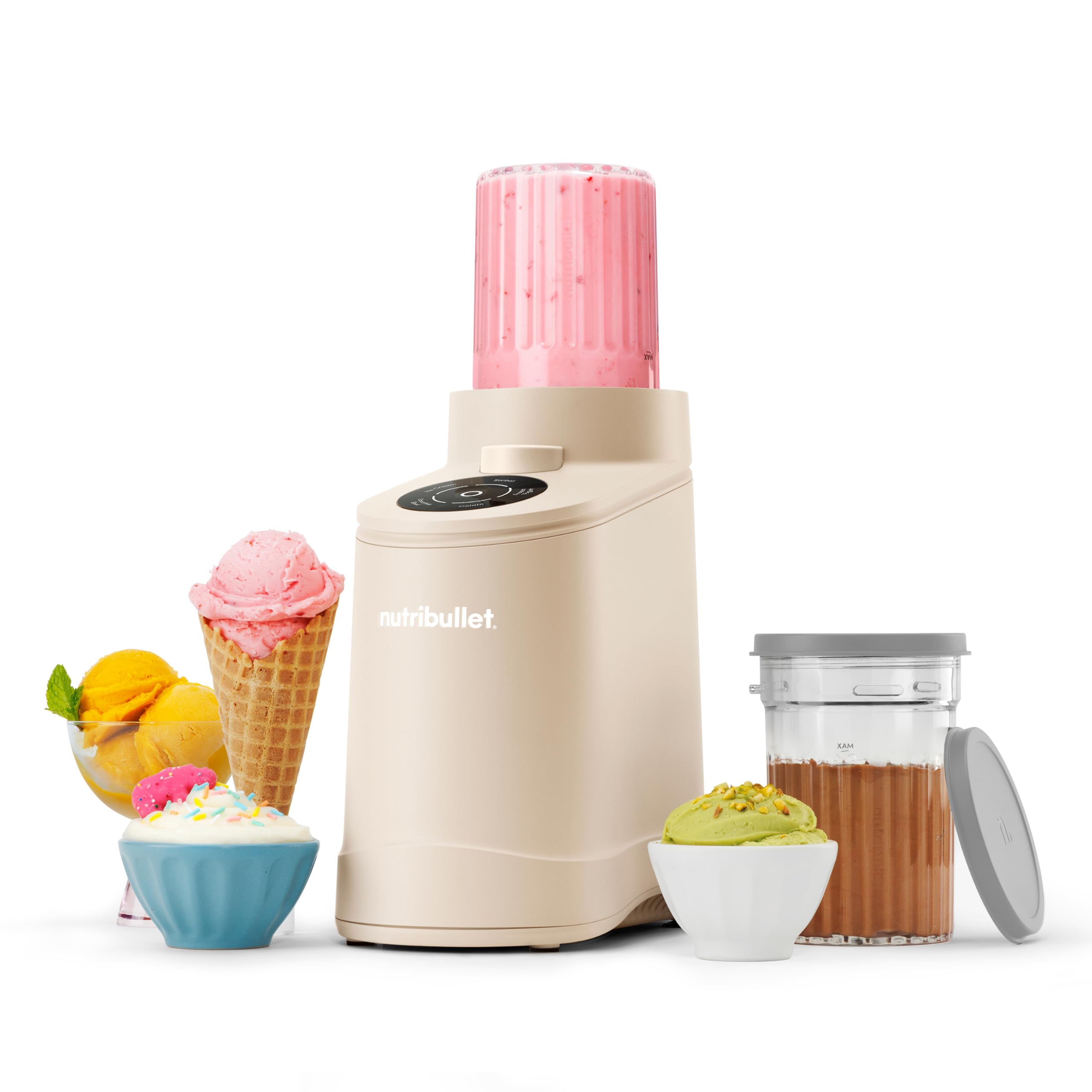 nutribullet Chill Ice Cream Maker, for Gelato, Sorbet, Frozen Yogurt, Smoothie Bowls, Compact Size, (2) Dishwasher Safe 16 oz. Pint Cups with Lids, Latte Beige, NBD50100LB